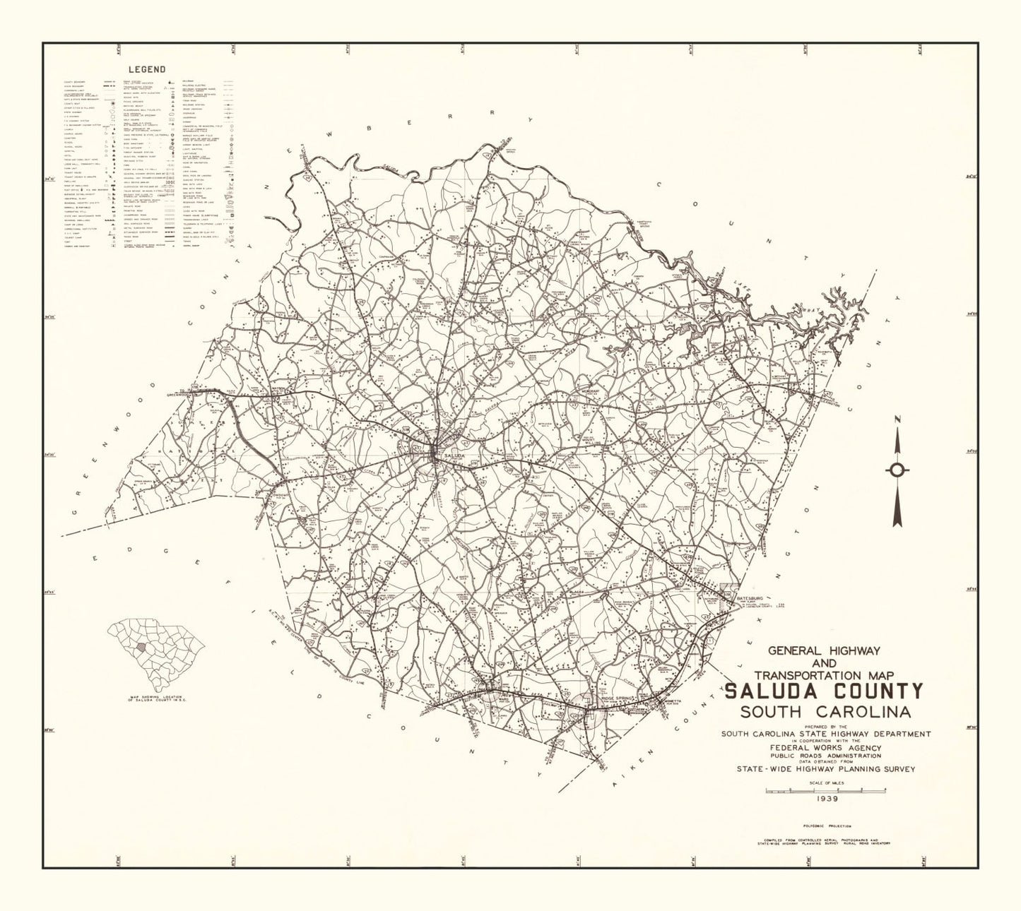 Vintage Map of Saluda County, South Carolina, 1939
