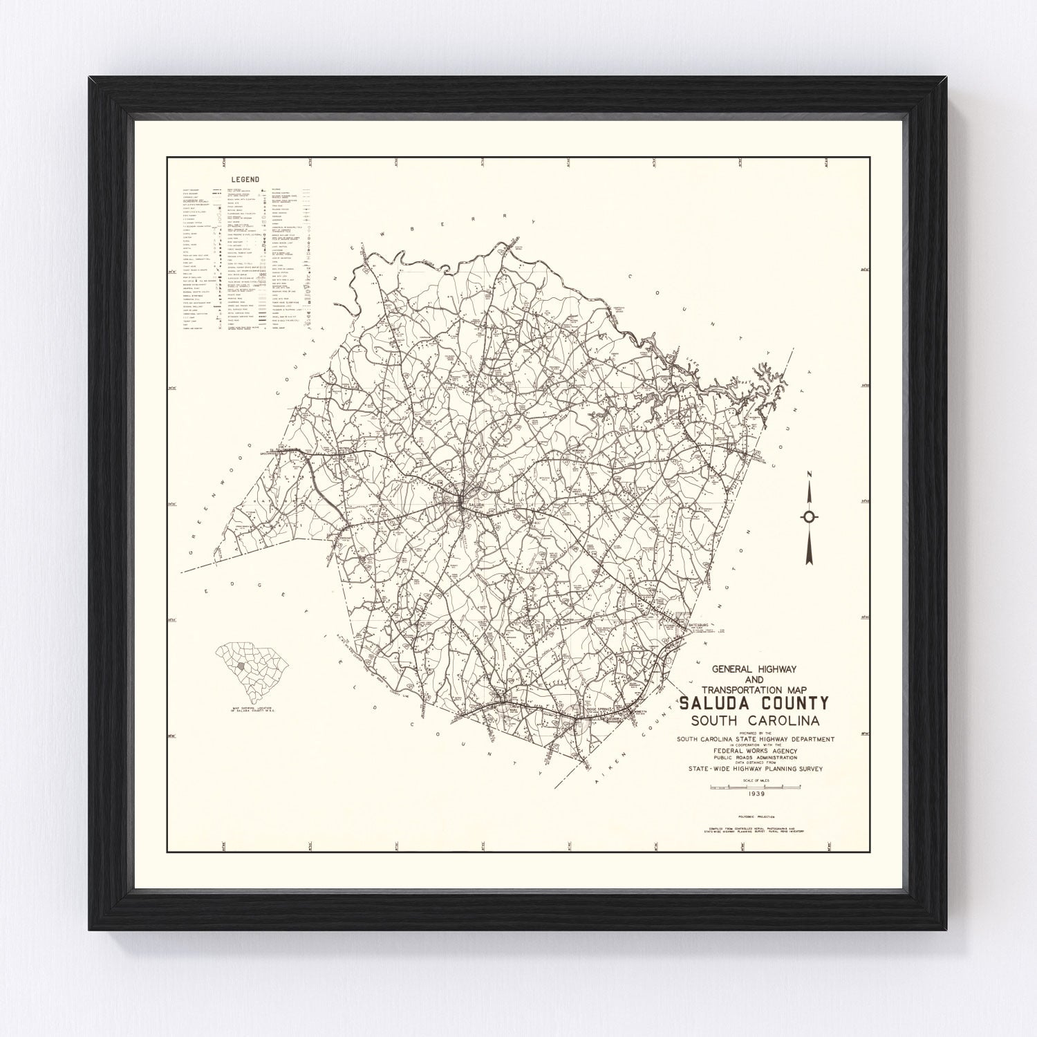 vintage map of Saluda County, South Carolina, 1939