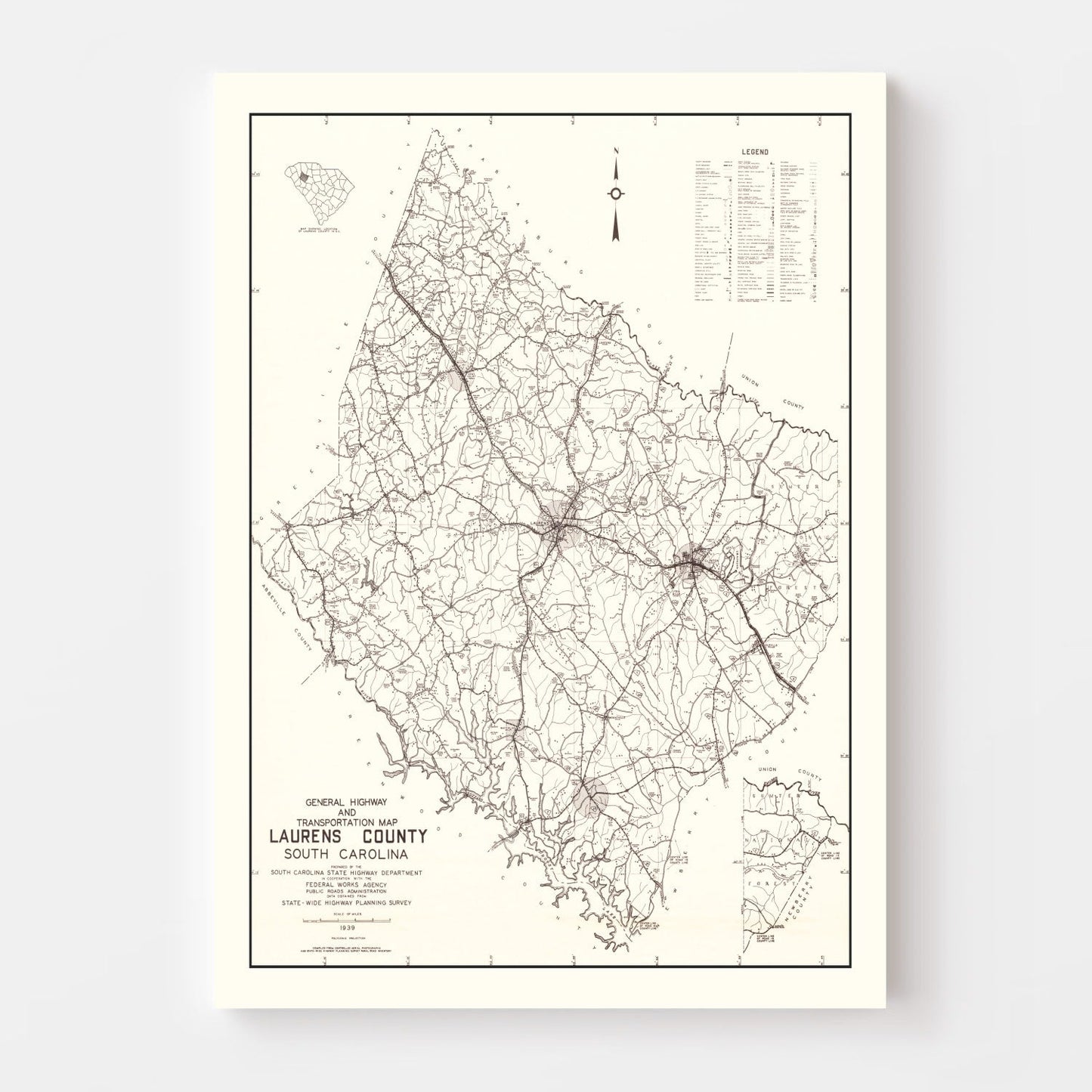 Vintage Map of Laurens County, South Carolina, 1939