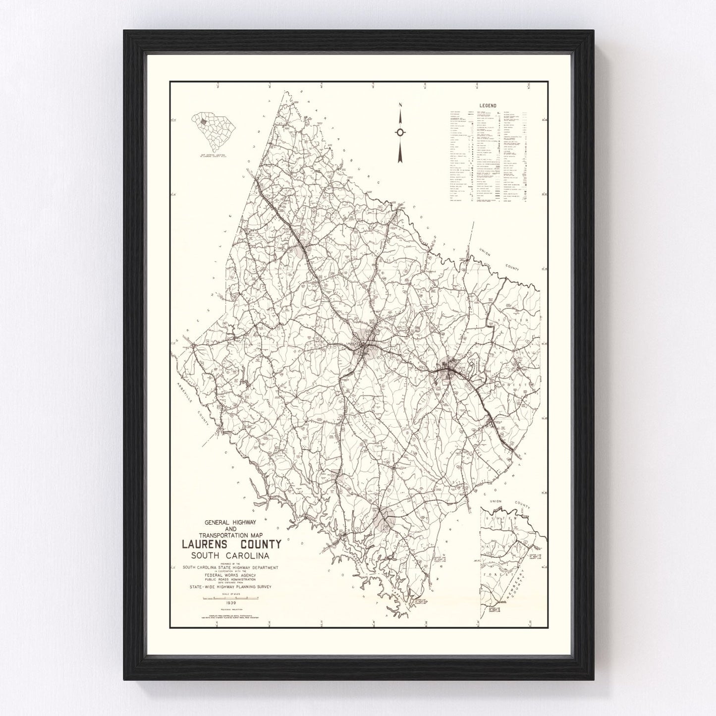 Vintage map of Laurens County, South Carolina, 1939