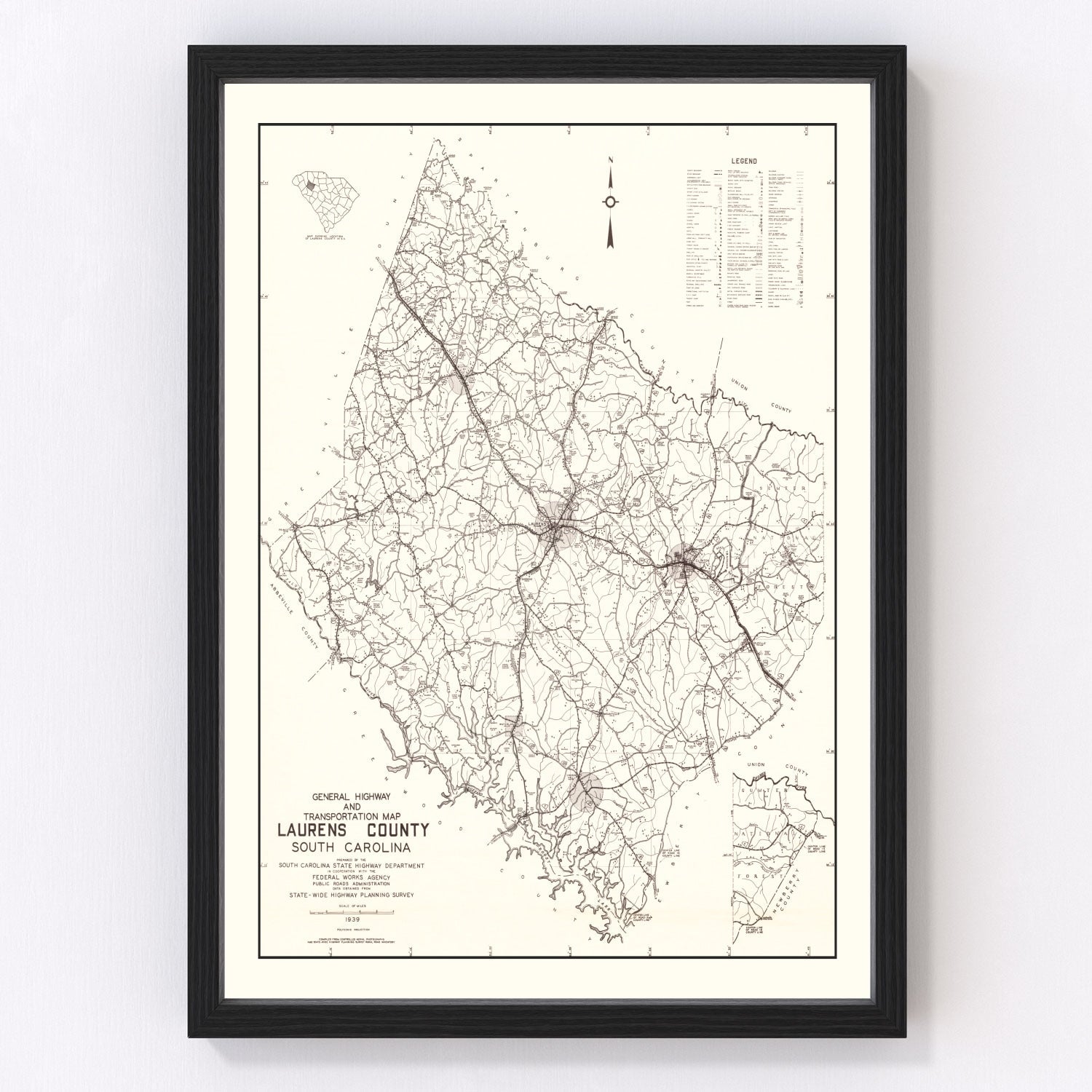 Vintage map of Laurens County, South Carolina, 1939