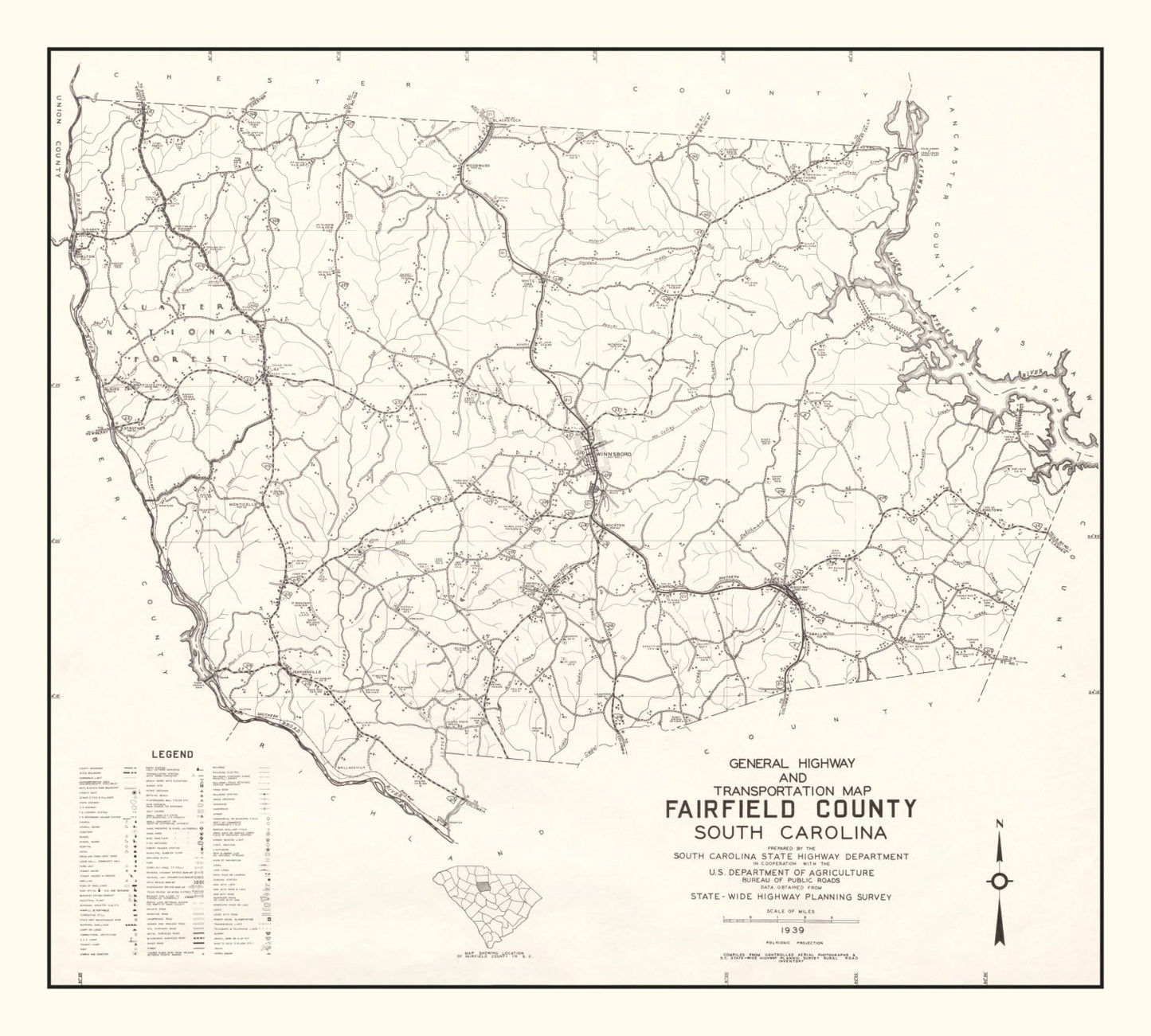 Vintage Map of Fairfield County, South Carolina, 1939