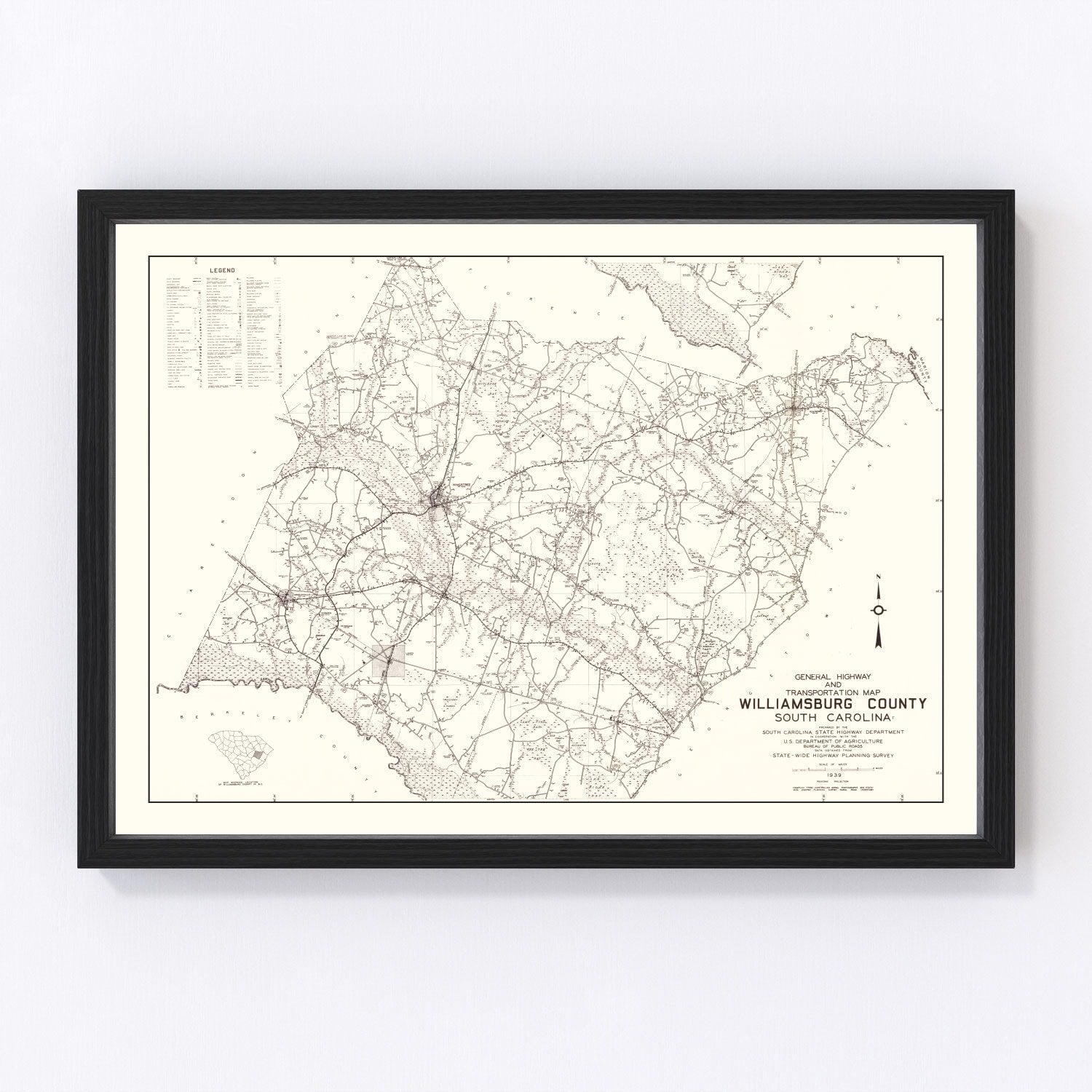 Vintage map of Williamsburg County, South Carolina, 1939 - restored cartographic print