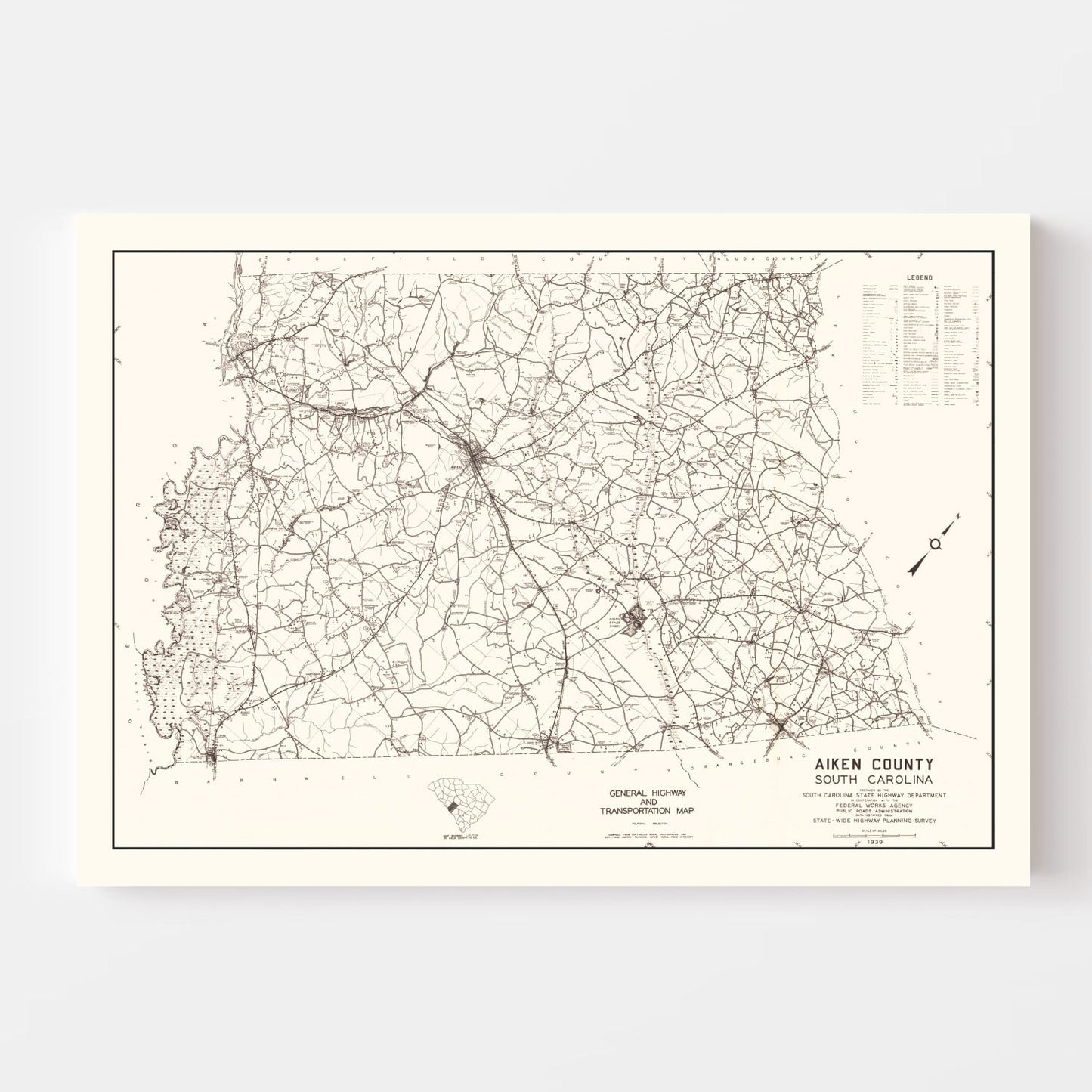 Vintage Map of Aiken County, South Carolina, 1939