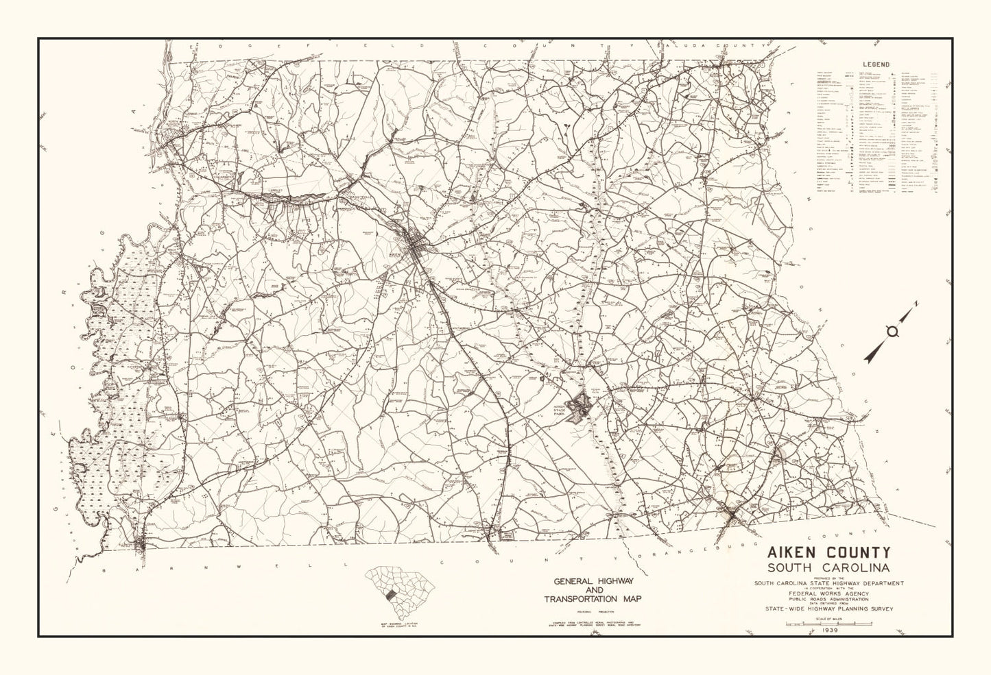 Vintage Map of Aiken County, South Carolina, 1939