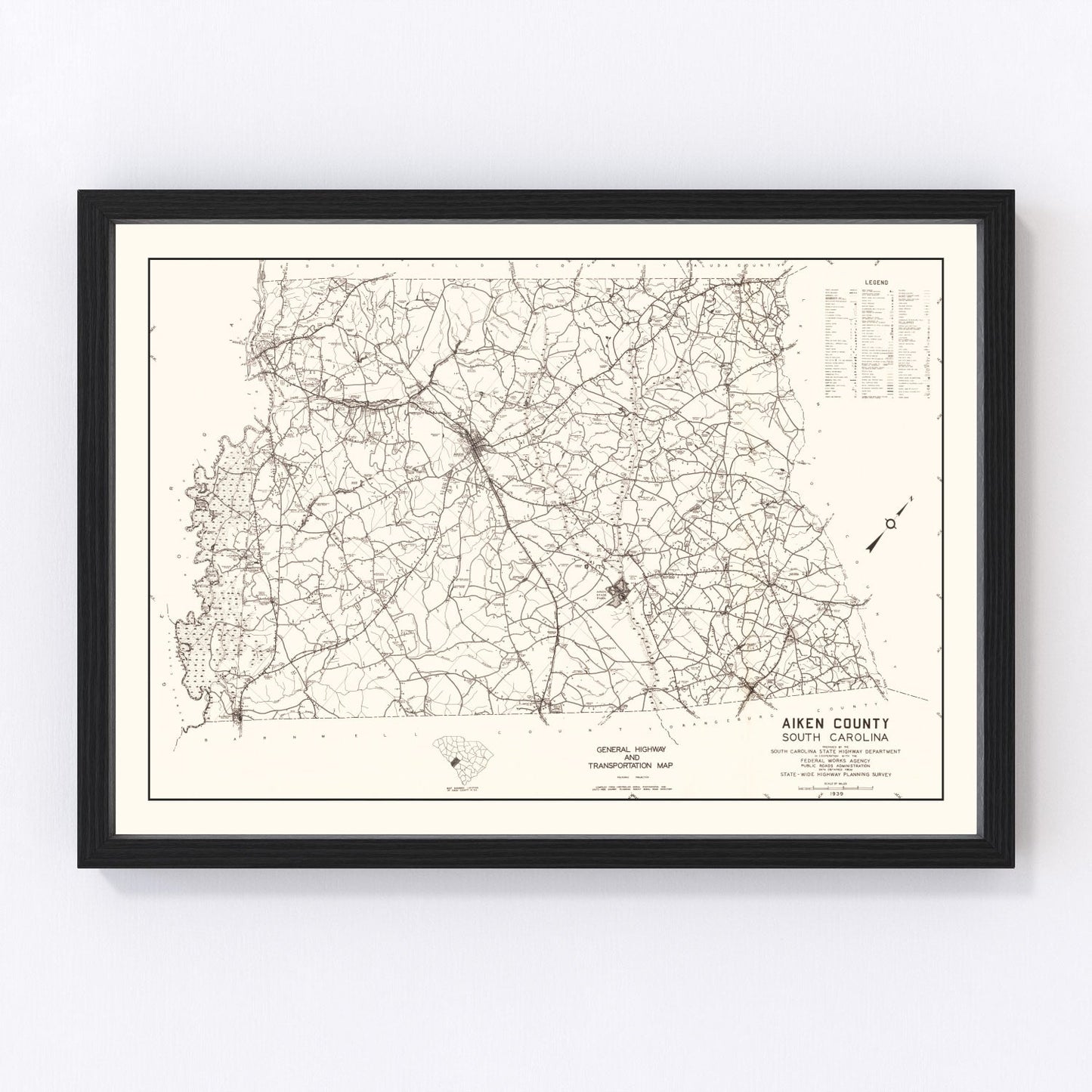 Vintage map of Aiken County, South Carolina, 1939 - restored print