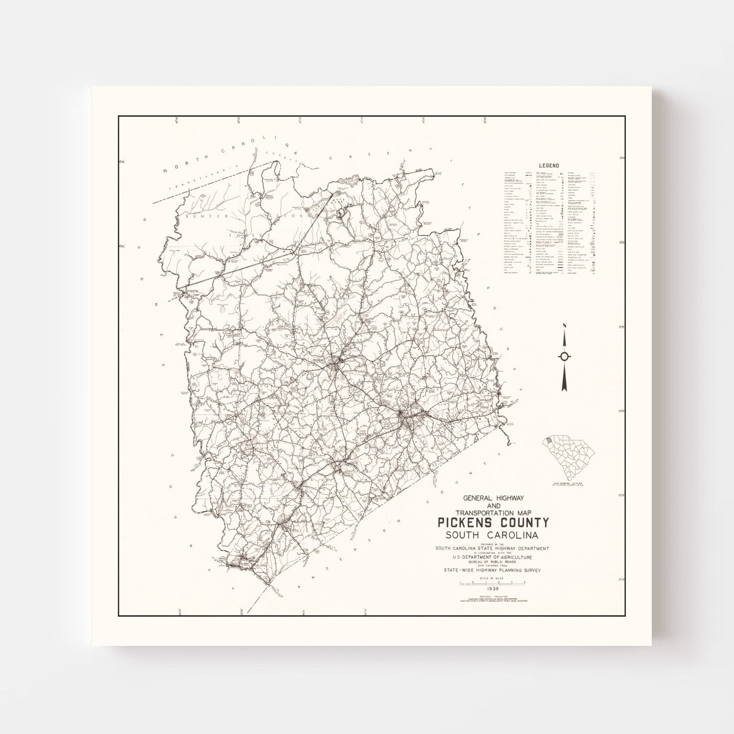 Vintage Map of Pickens County, South Carolina, 1939