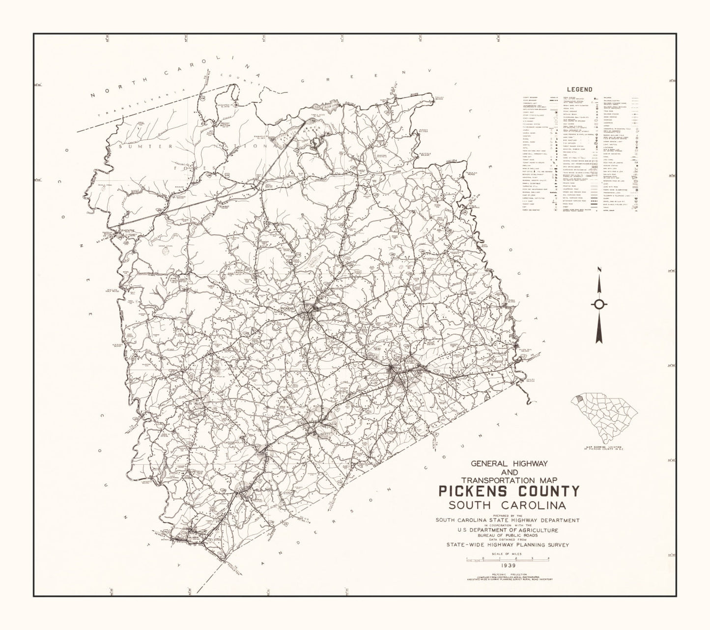 Vintage Map of Pickens County, South Carolina, 1939