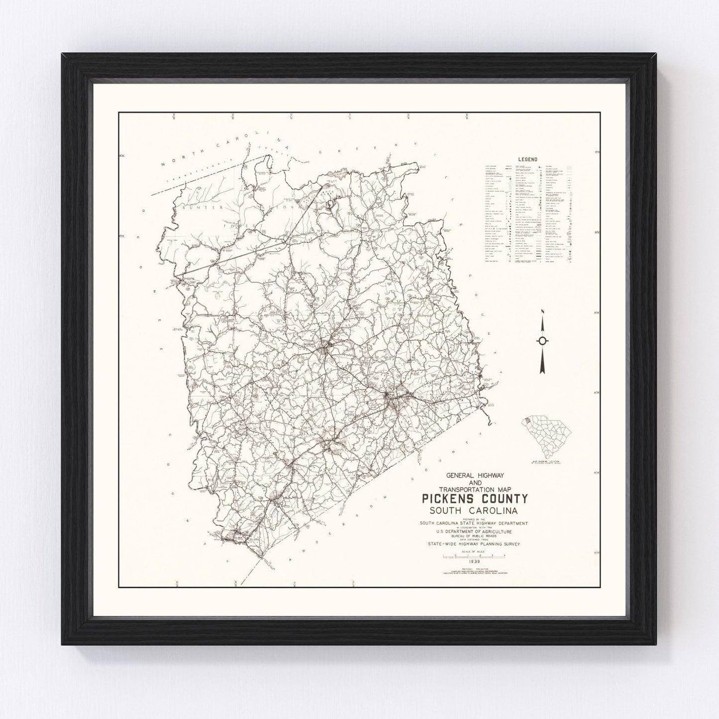 Vintage map of Pickens County, South Carolina, 1939