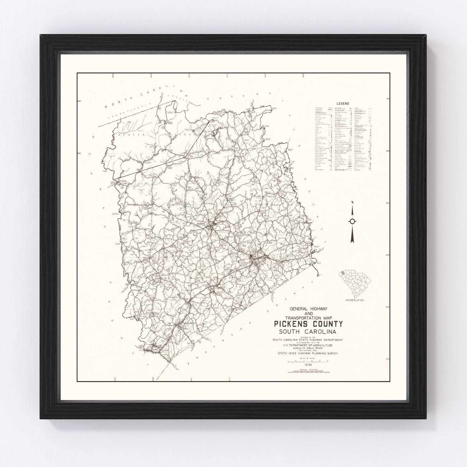 Vintage map of Pickens County, South Carolina, 1939