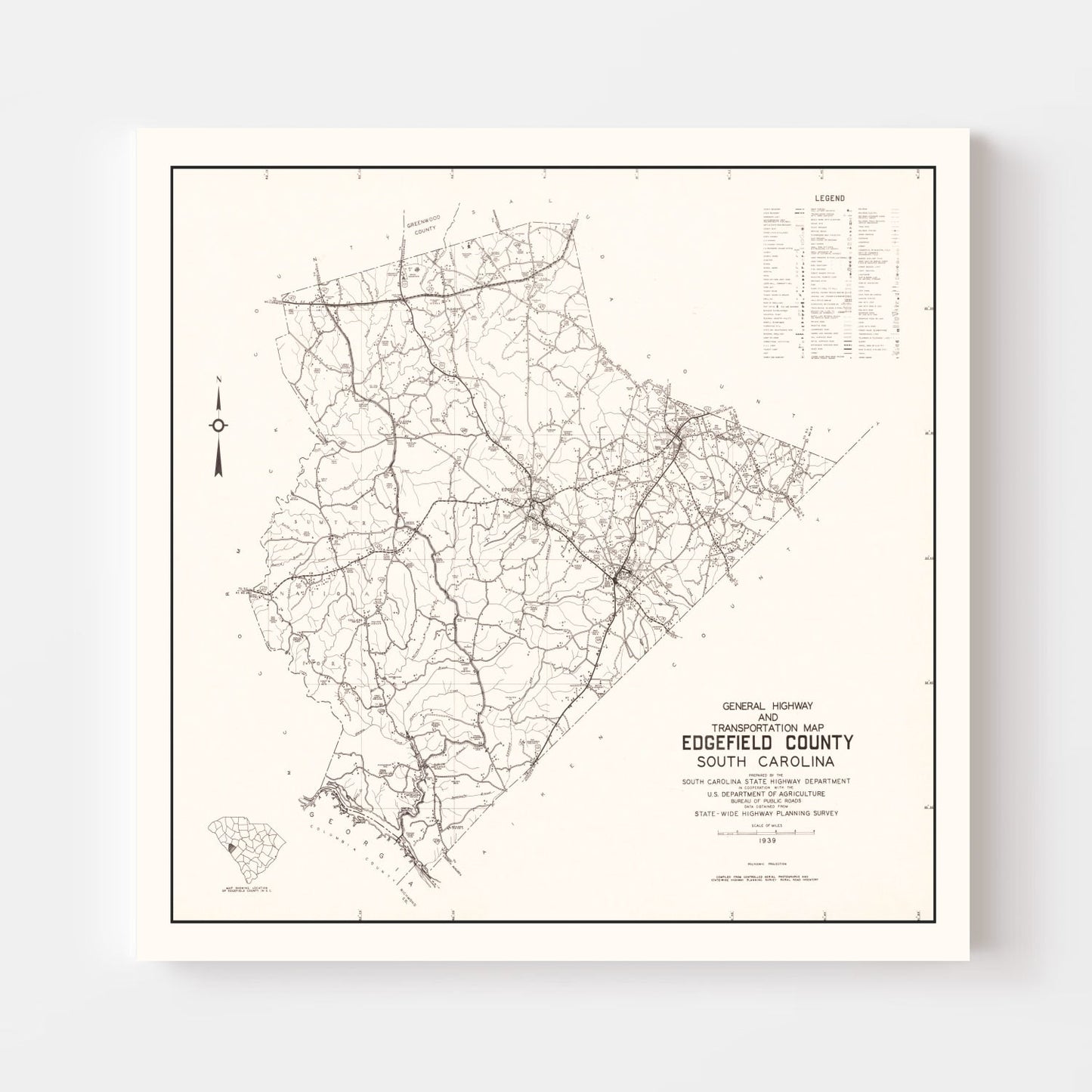 Vintage Map of Edgefield County, South Carolina, 1939