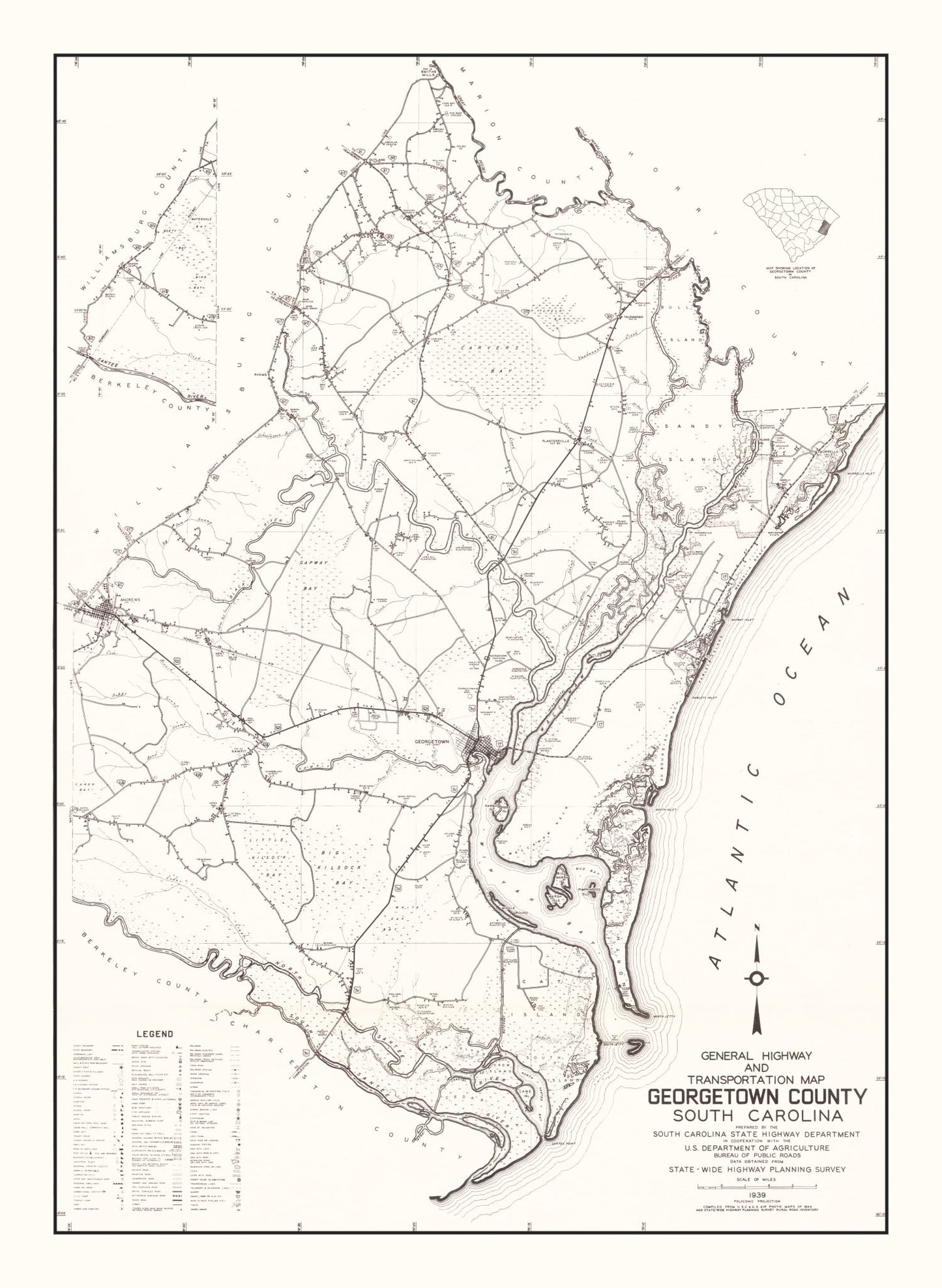 Vintage Map of Georgetown County, South Carolina, 1939