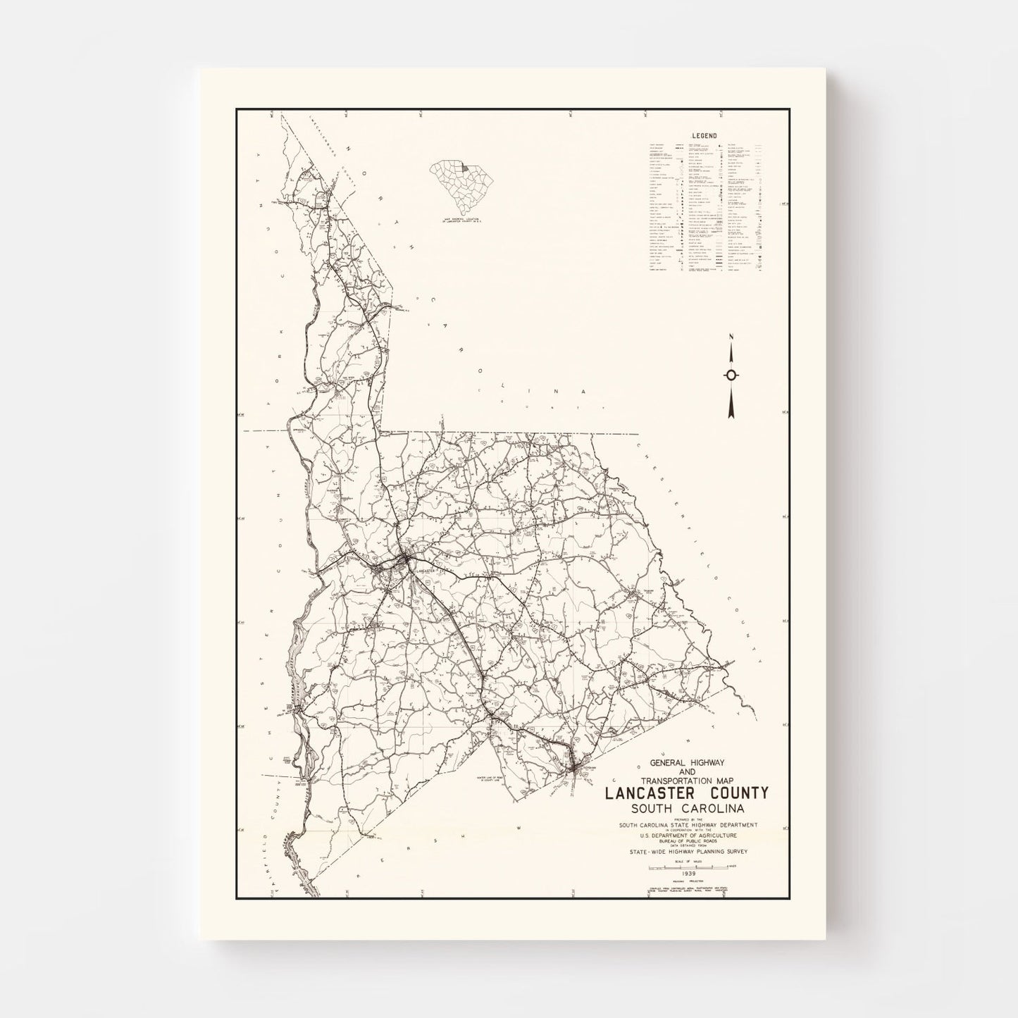 Vintage Map of Lancaster County, South Carolina, 1939