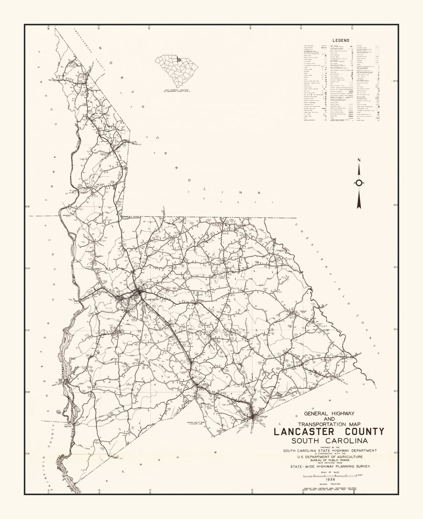 Vintage Map of Lancaster County, South Carolina, 1939