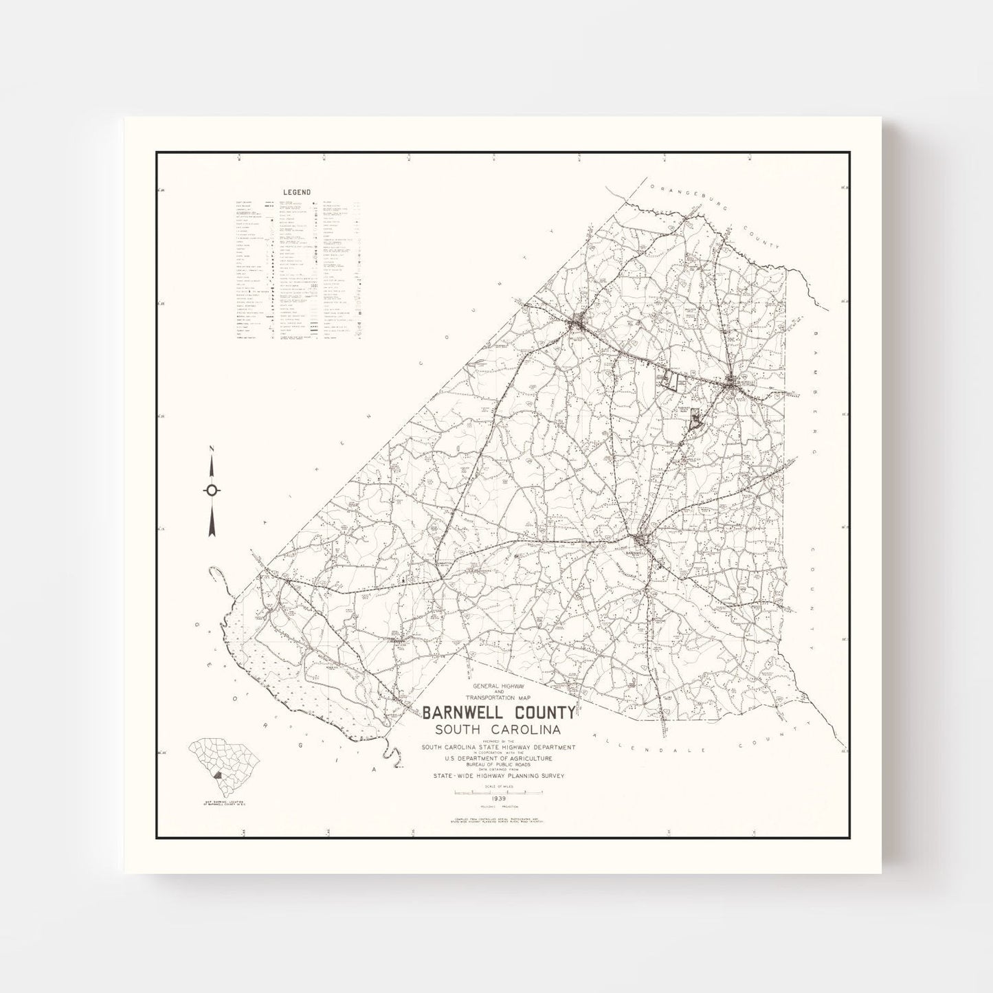Vintage Map of Barnwell County, South Carolina, 1939