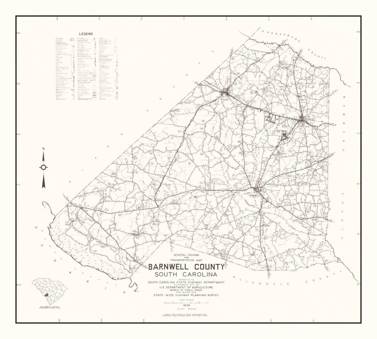 Vintage Map of Barnwell County, South Carolina, 1939