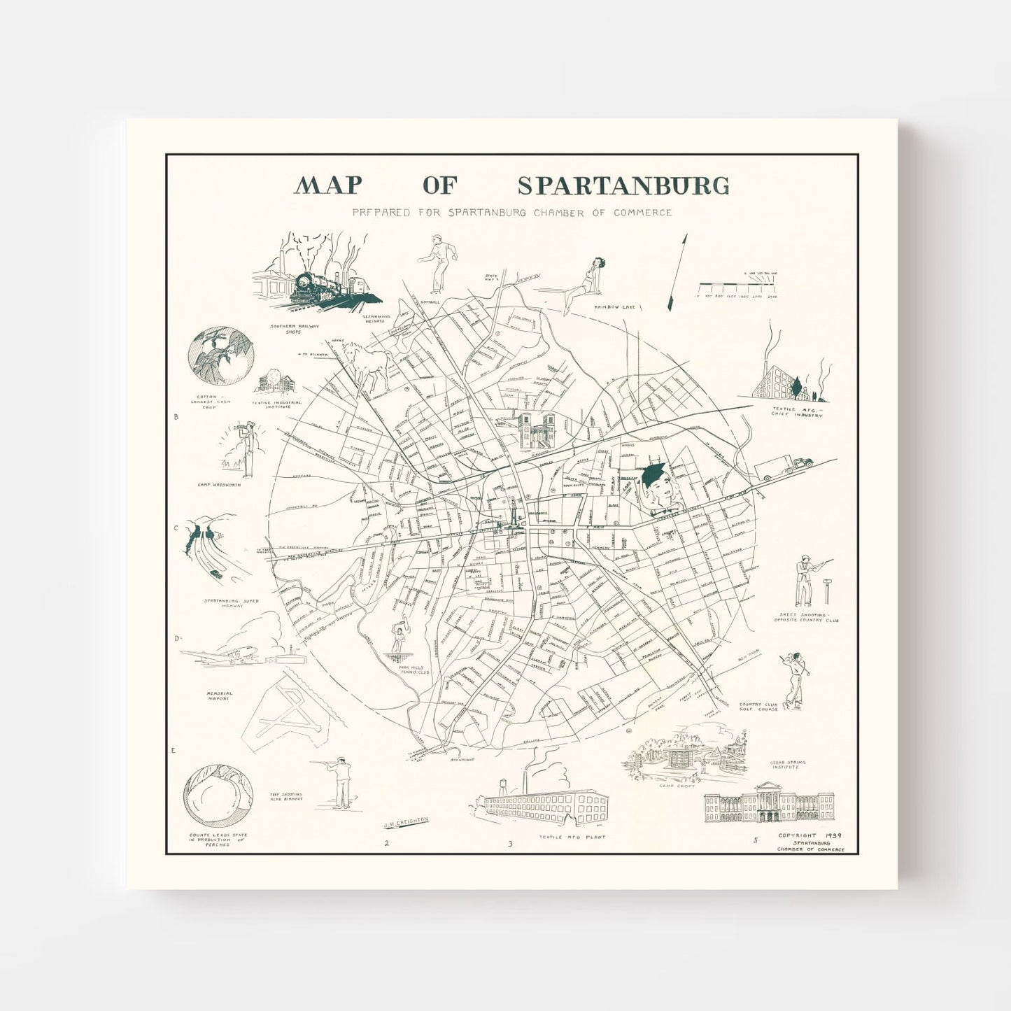 Vintage Map of Spartanburg, South Carolina, 1939