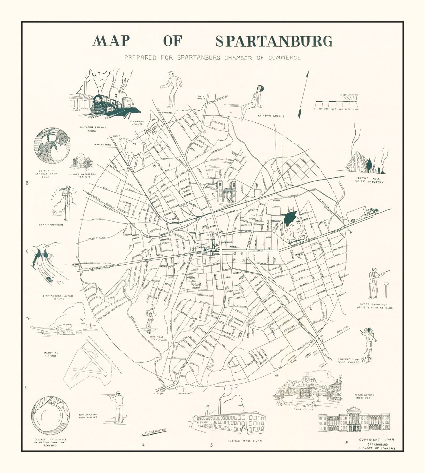 Vintage Map of Spartanburg, South Carolina, 1939