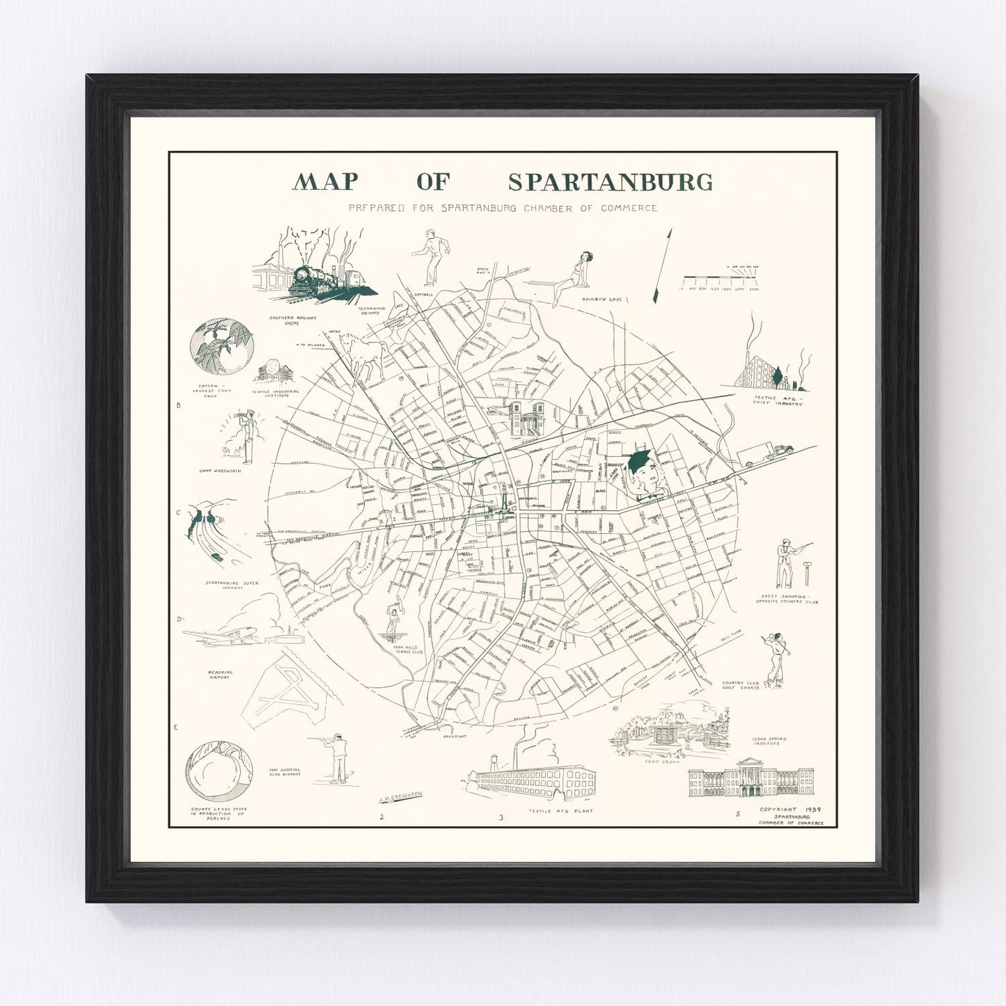vintage map of Spartanburg, South Carolina, 1939
