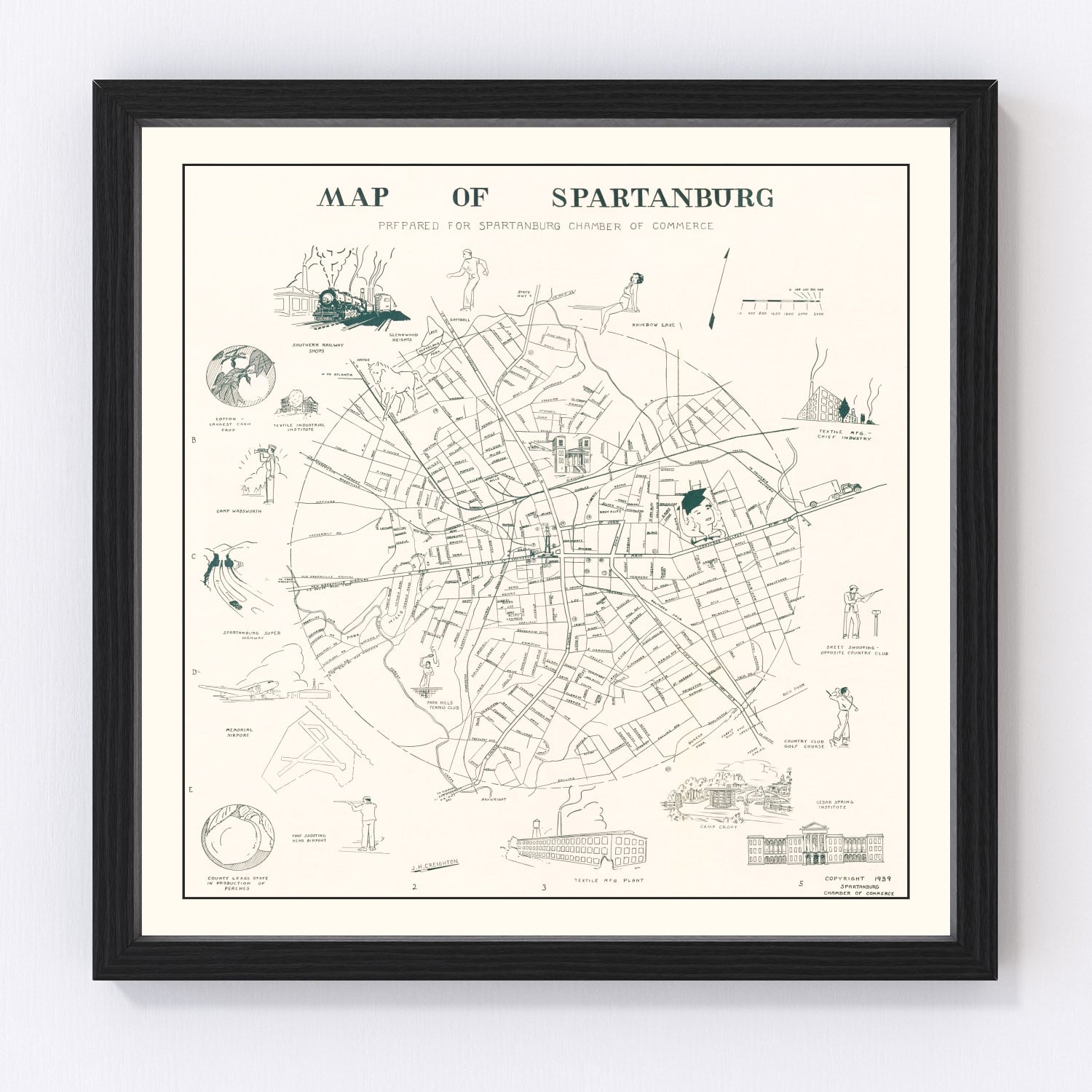 vintage map of Spartanburg, South Carolina, 1939