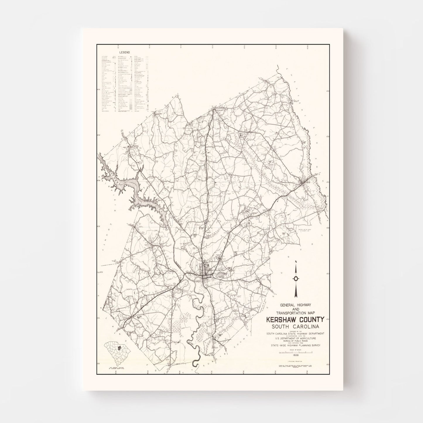 Vintage Map of Kershaw County, South Carolina, 1938