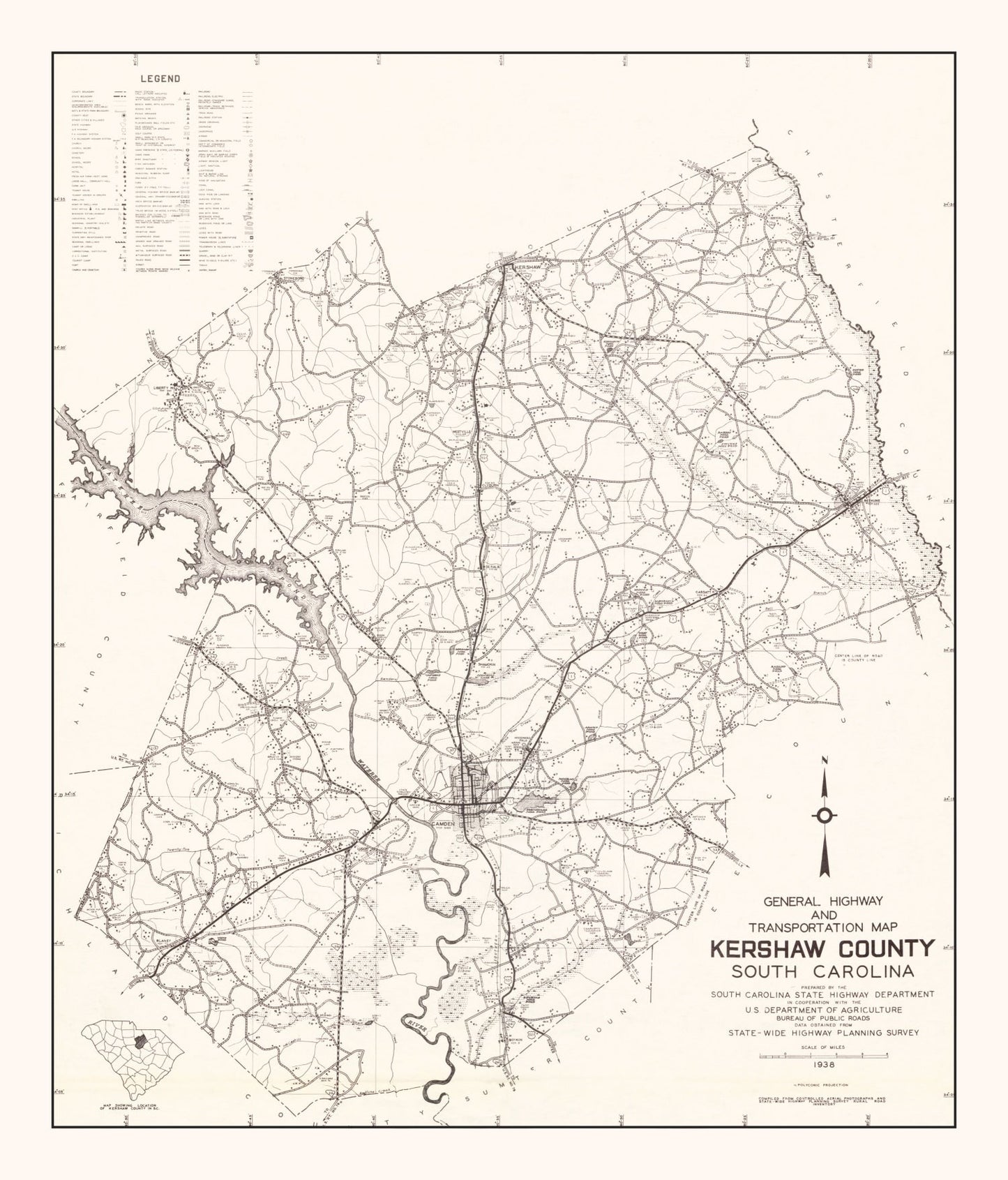 Vintage Map of Kershaw County, South Carolina, 1938