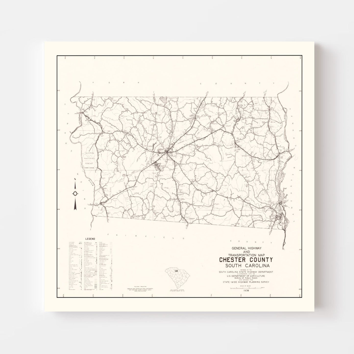 Vintage Map of Chester County, South Carolina, 1938