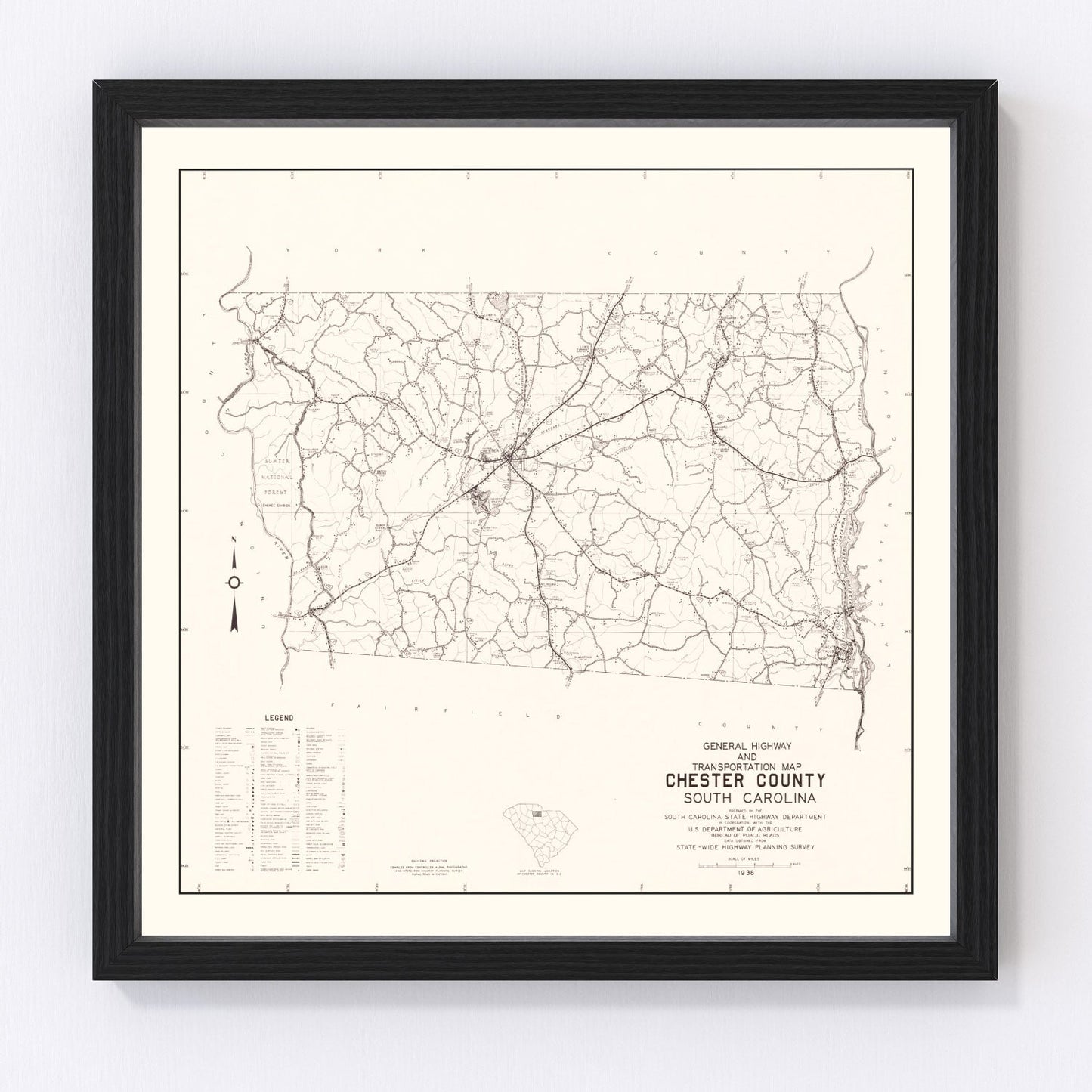 Vintage map of Chester County, South Carolina, 1938, digitally restored print