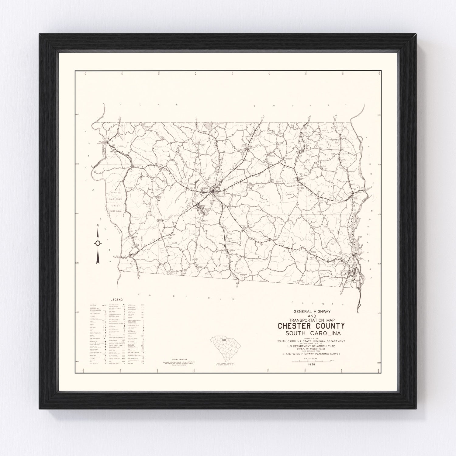 Vintage map of Chester County, South Carolina, 1938, digitally restored print