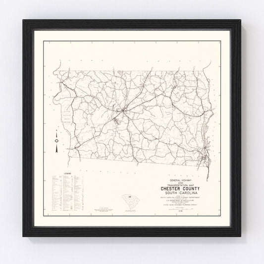 Vintage map of Chester County, South Carolina, 1938, digitally restored print