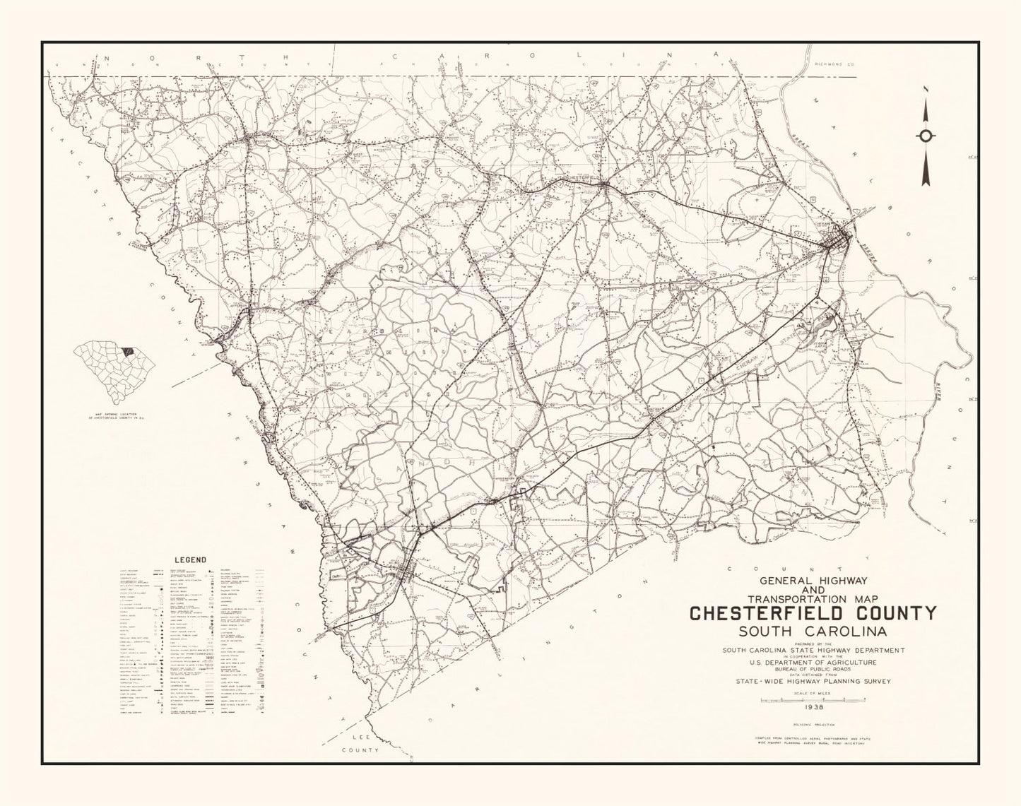 Vintage Map of Chesterfield County, South Carolina, 1938
