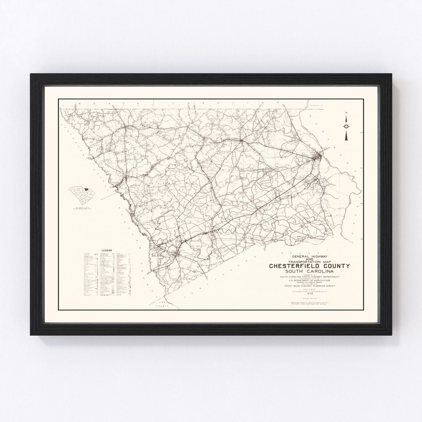 Vintage map of Chesterfield County, South Carolina, 1938, digitally restored