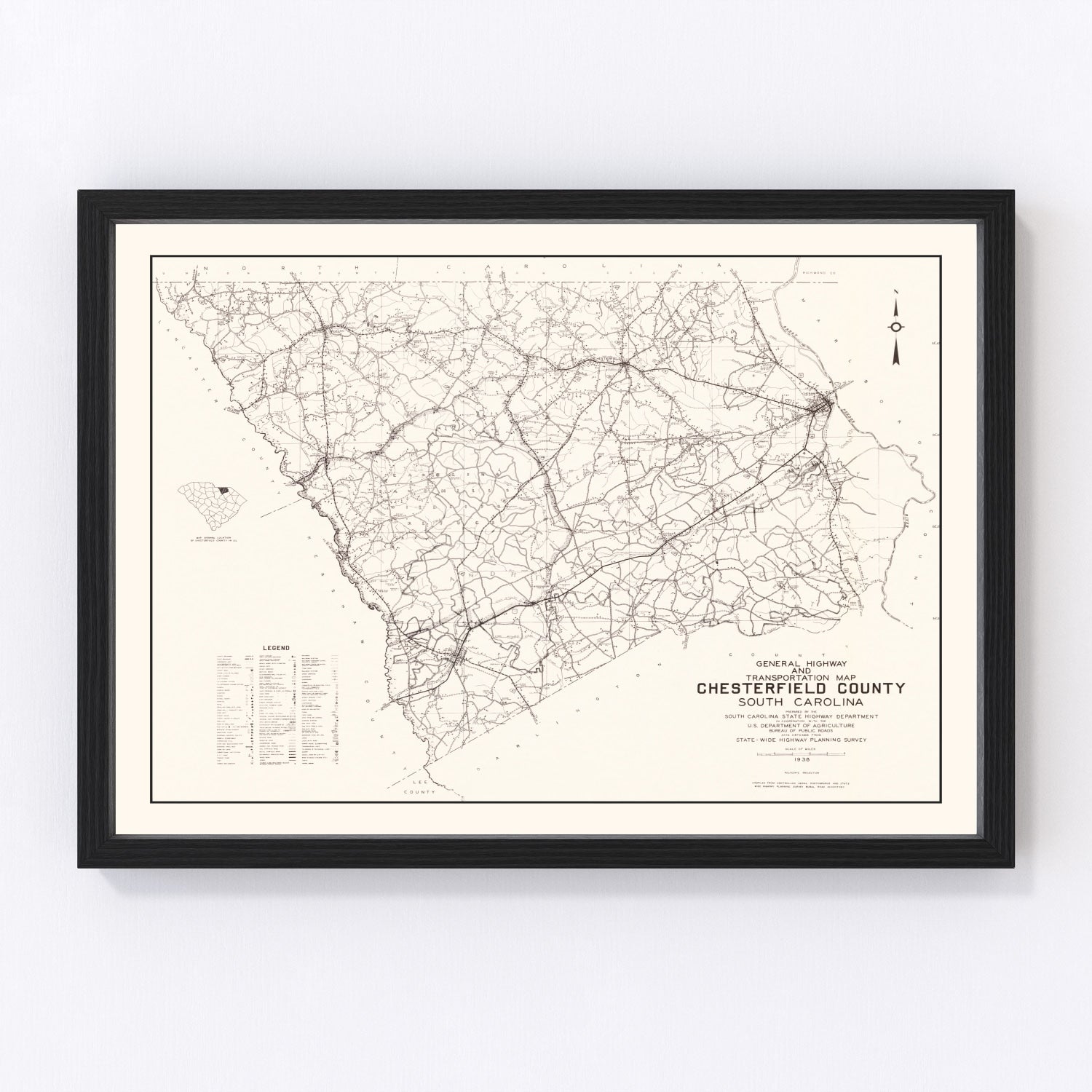 Vintage map of Chesterfield County, South Carolina, 1938, digitally restored