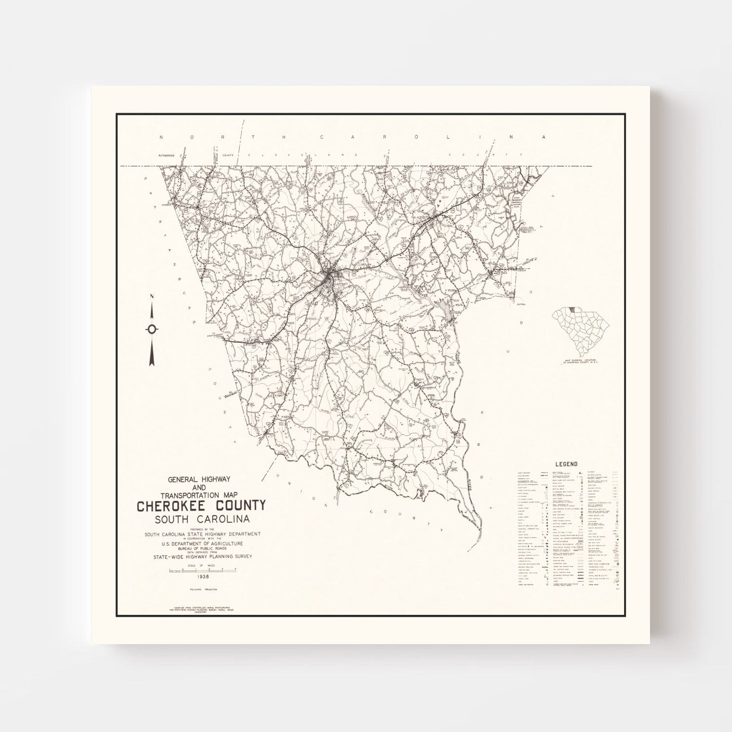 Vintage Map of Cherokee County, South Carolina, 1938