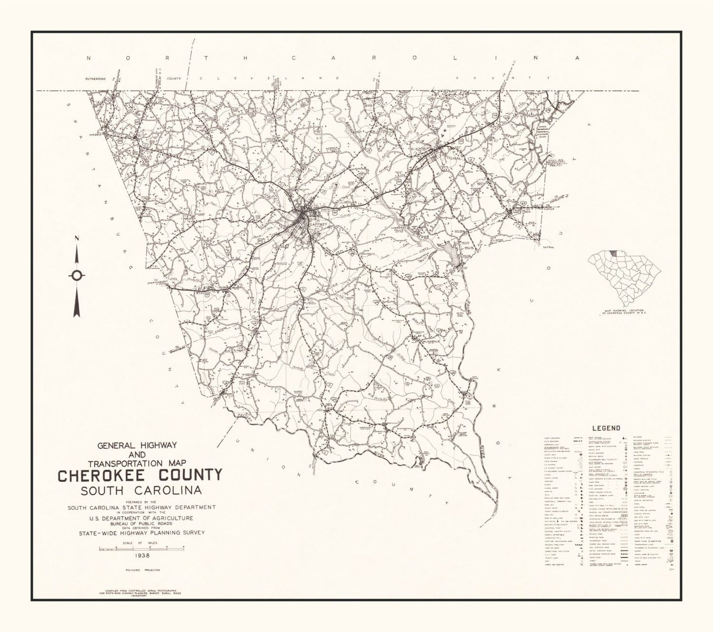 Vintage Map of Cherokee County, South Carolina, 1938