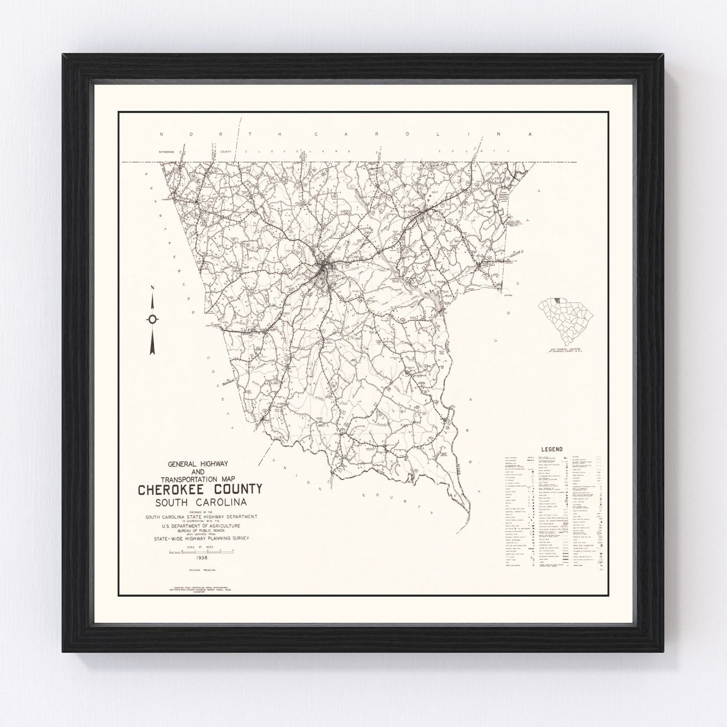 Vintage map of Cherokee County, South Carolina, 1938, digitally restored print
