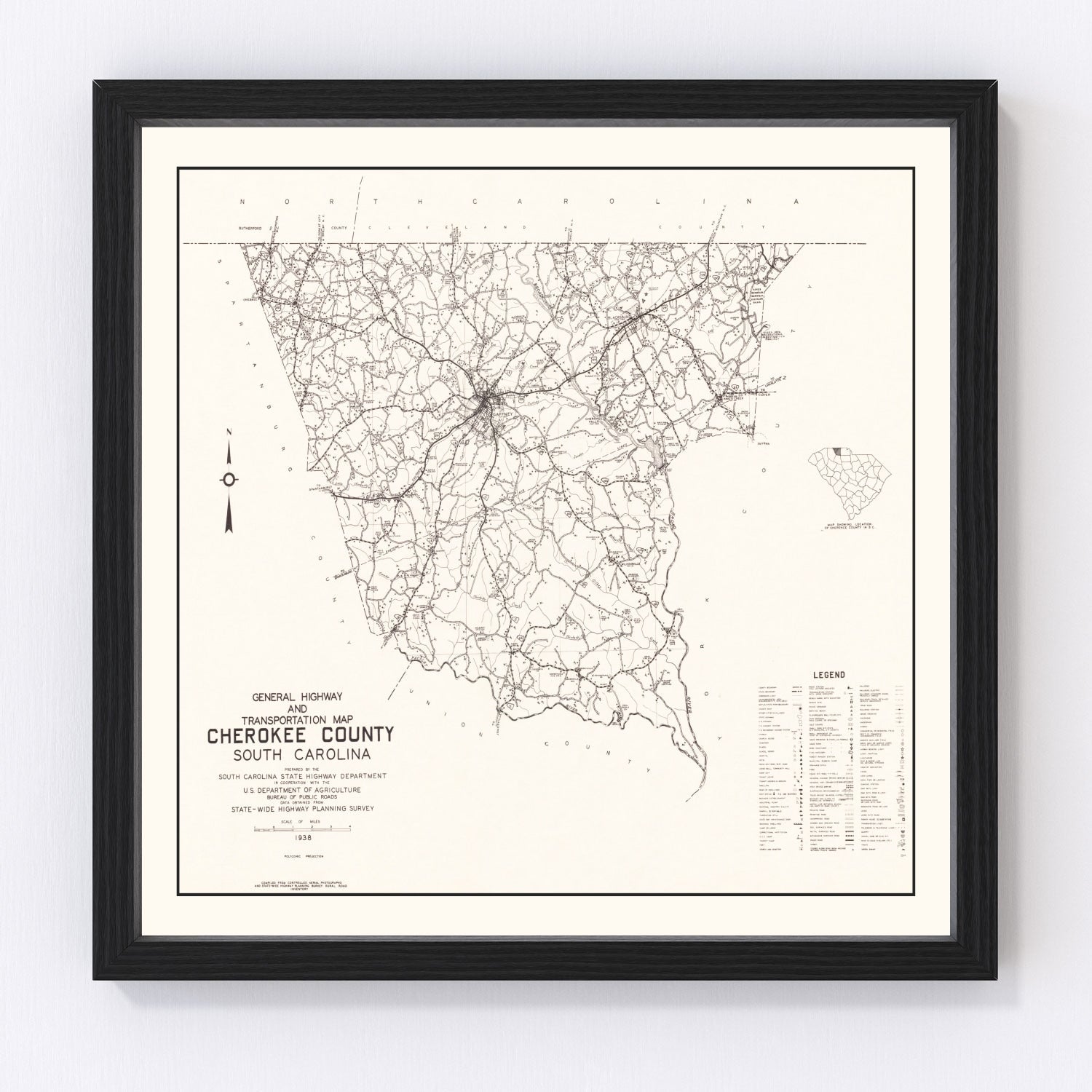 Vintage map of Cherokee County, South Carolina, 1938, digitally restored print