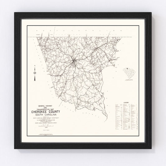 Vintage map of Cherokee County, South Carolina, 1938, digitally restored print