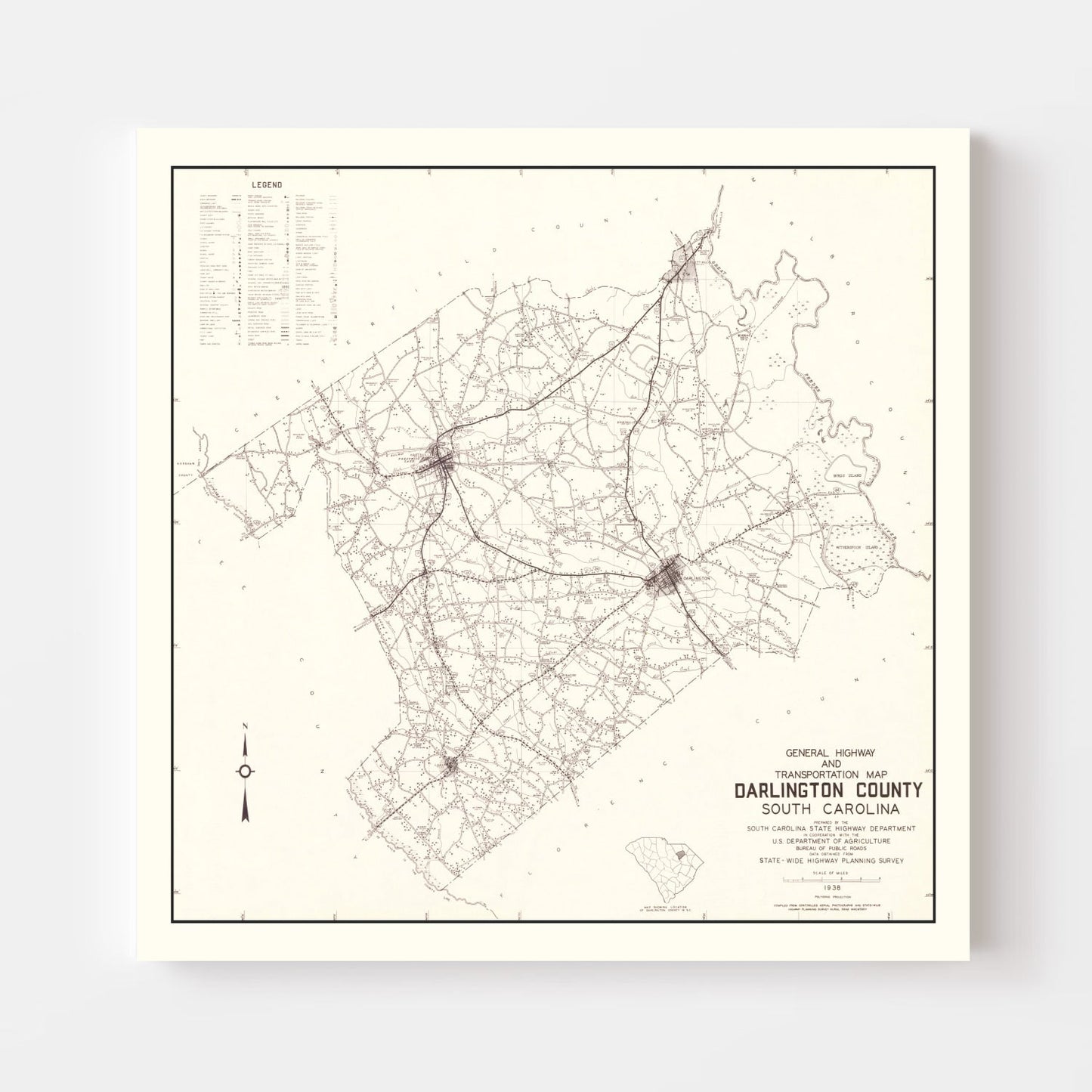 Vintage Map of Darlington County, South Carolina, 1938