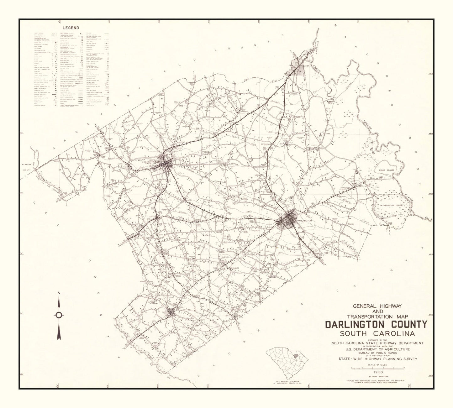 Vintage Map of Darlington County, South Carolina, 1938