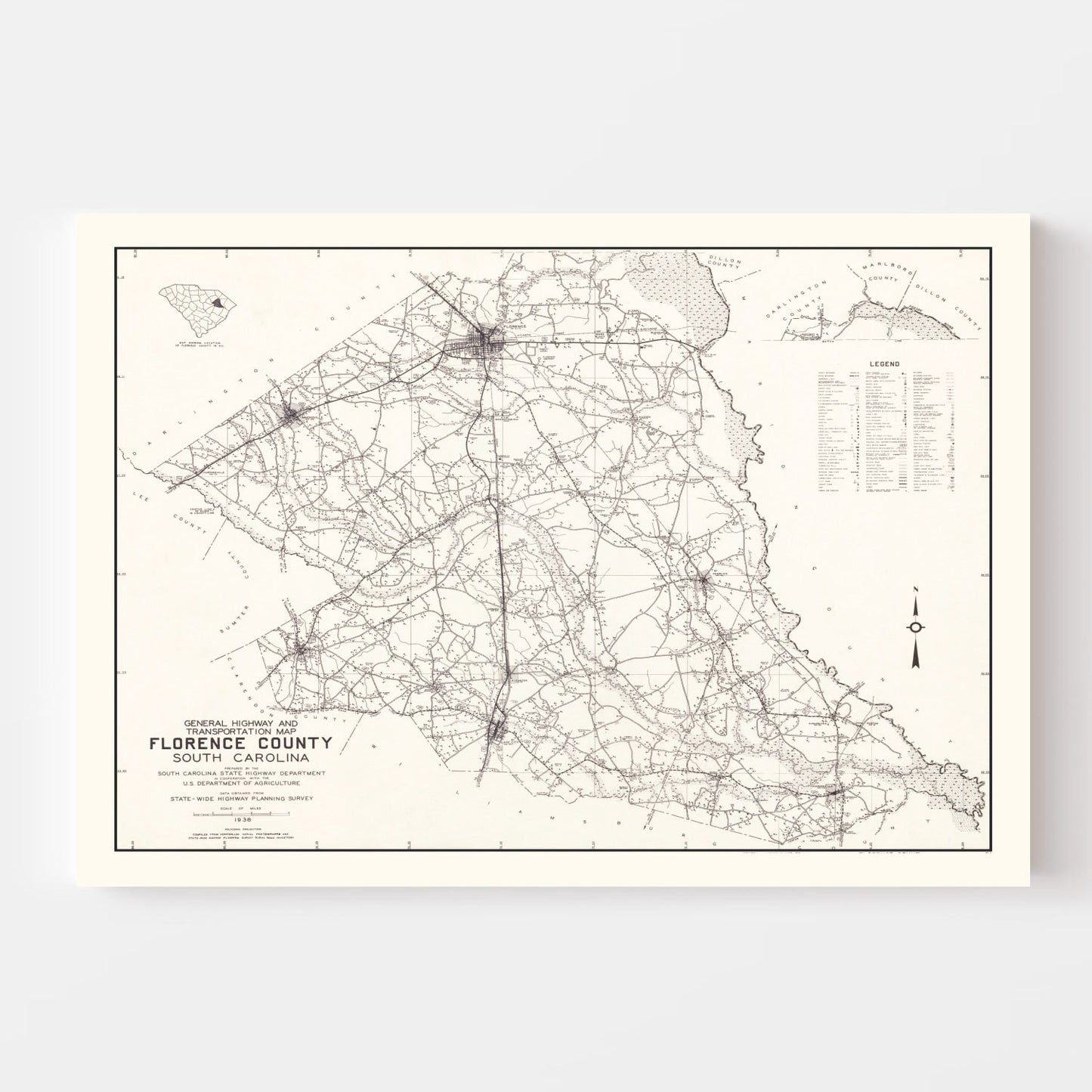 Vintage Map of Florence County, South Carolina, 1938