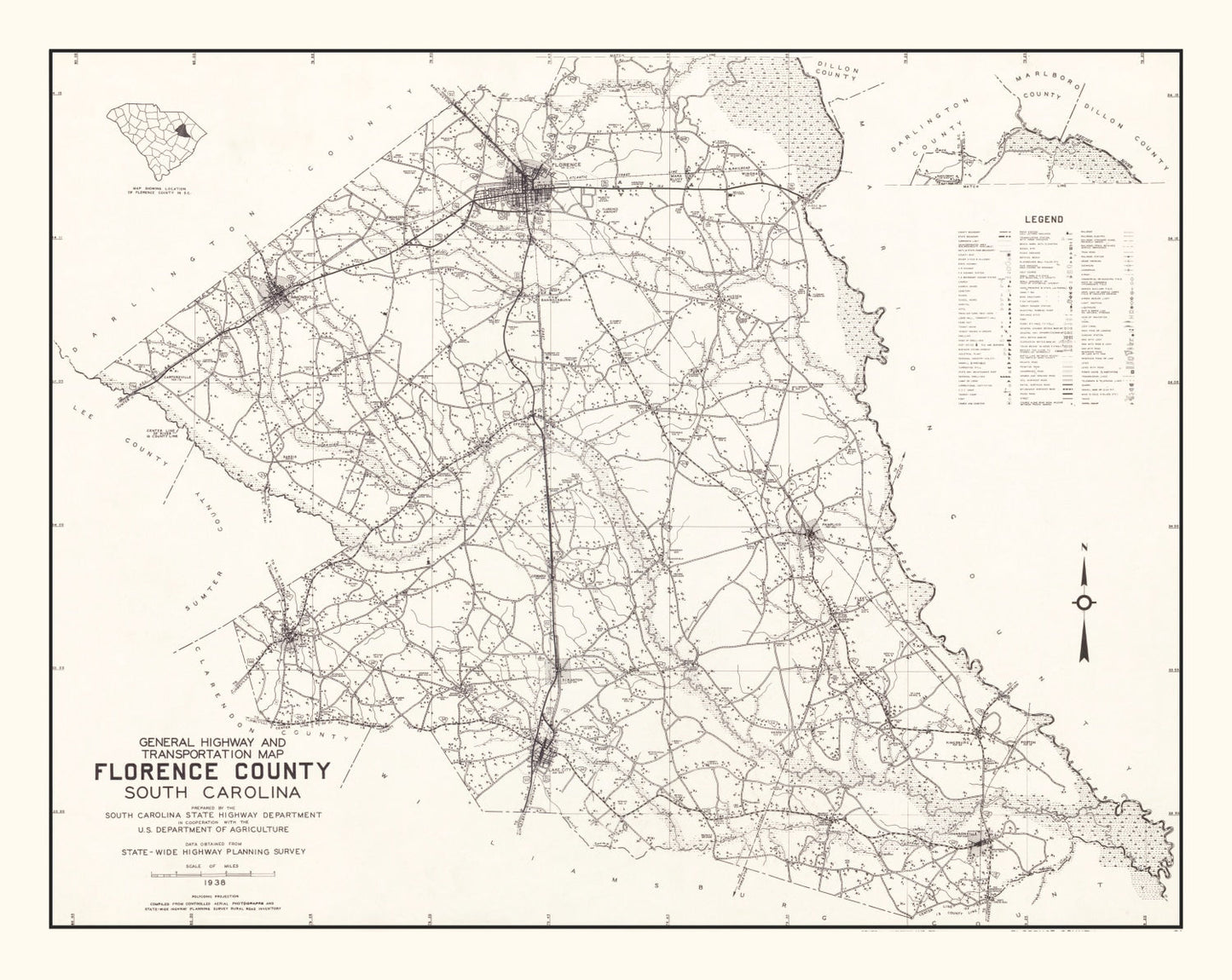Vintage Map of Florence County, South Carolina, 1938