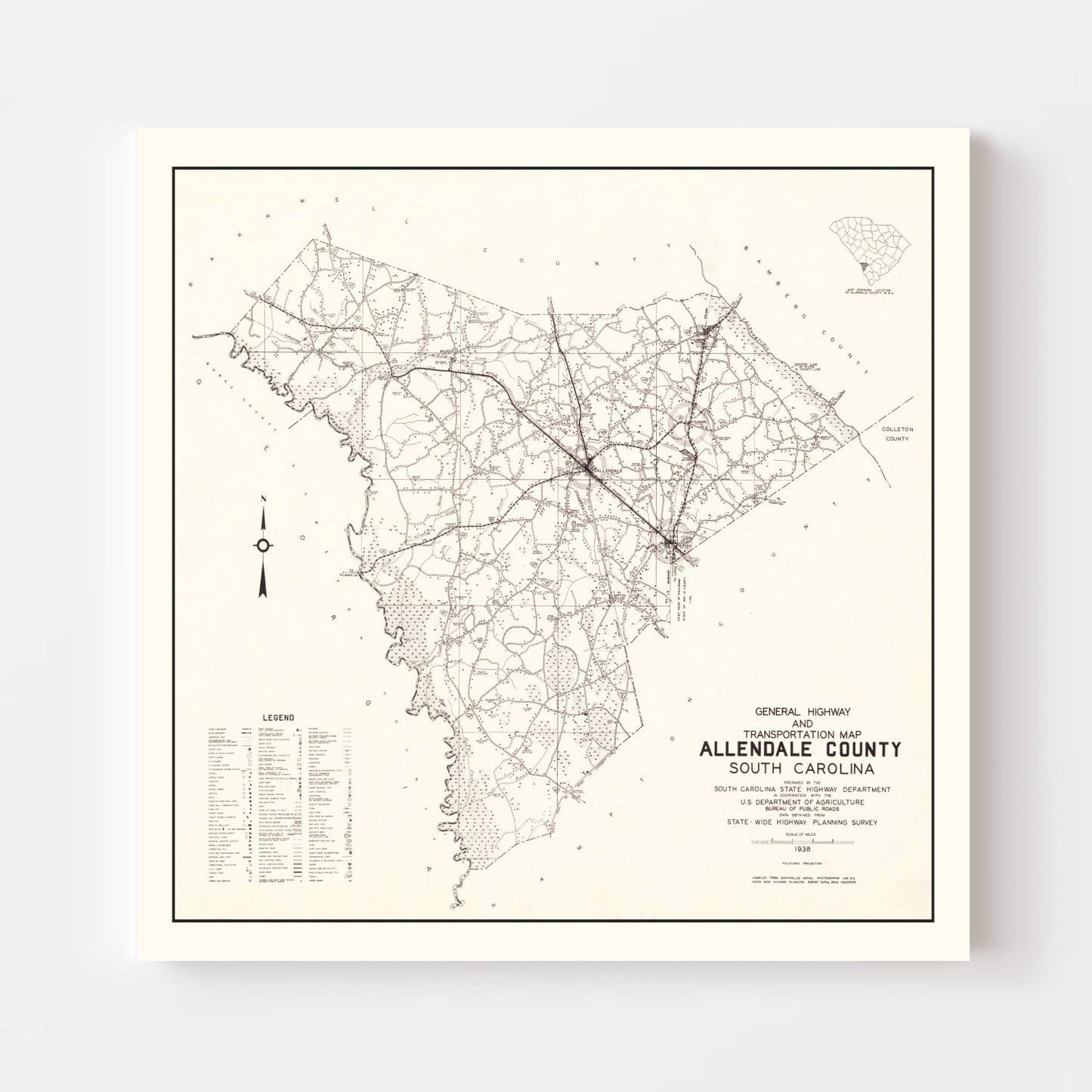 Vintage Map of Allendale County, South Carolina, 1938