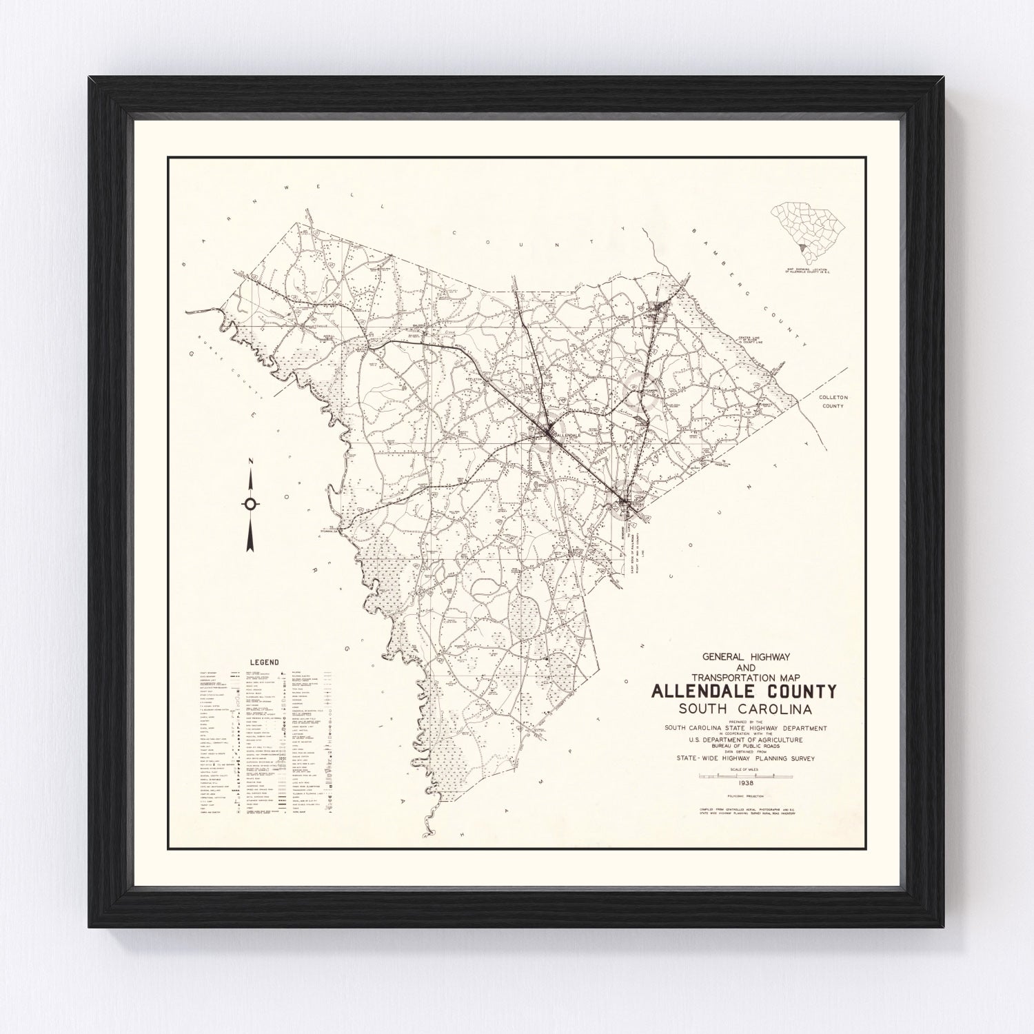 Vintage map of Allendale County, South Carolina, 1938, restored print