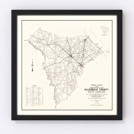 Vintage map of Allendale County, South Carolina, 1938, restored print