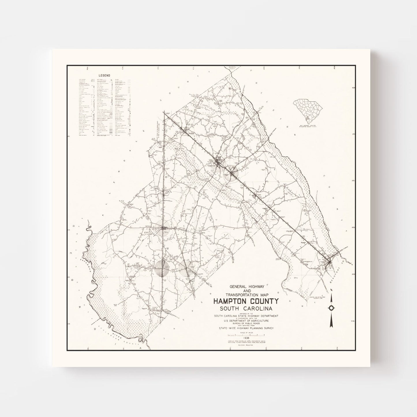 Vintage Map of Hampton County, South Carolina, 1938