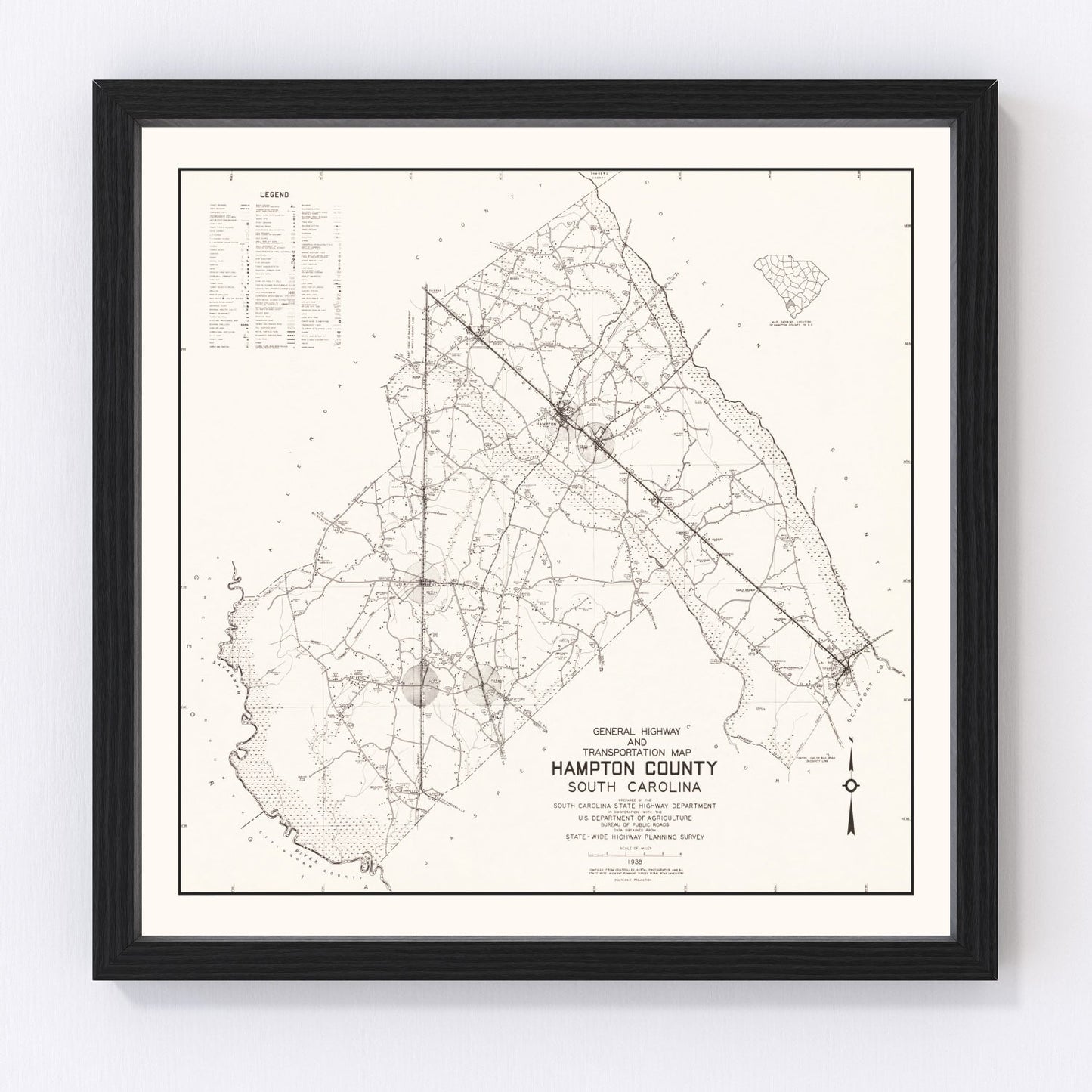 Vintage map of Hampton County, South Carolina, 1938