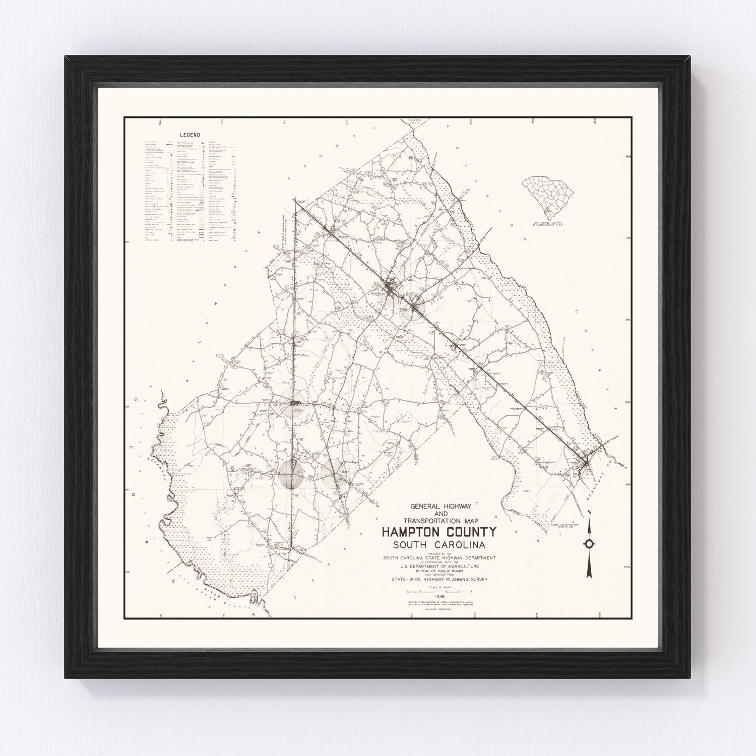 Vintage map of Hampton County, South Carolina, 1938