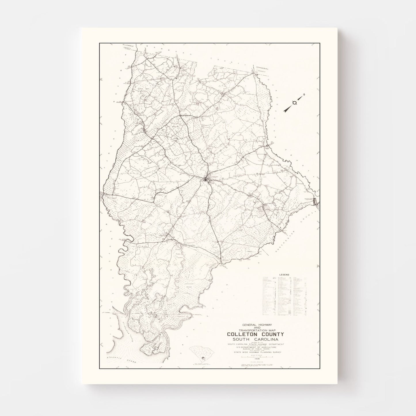 Vintage Map of Colleton County, South Carolina, 1938