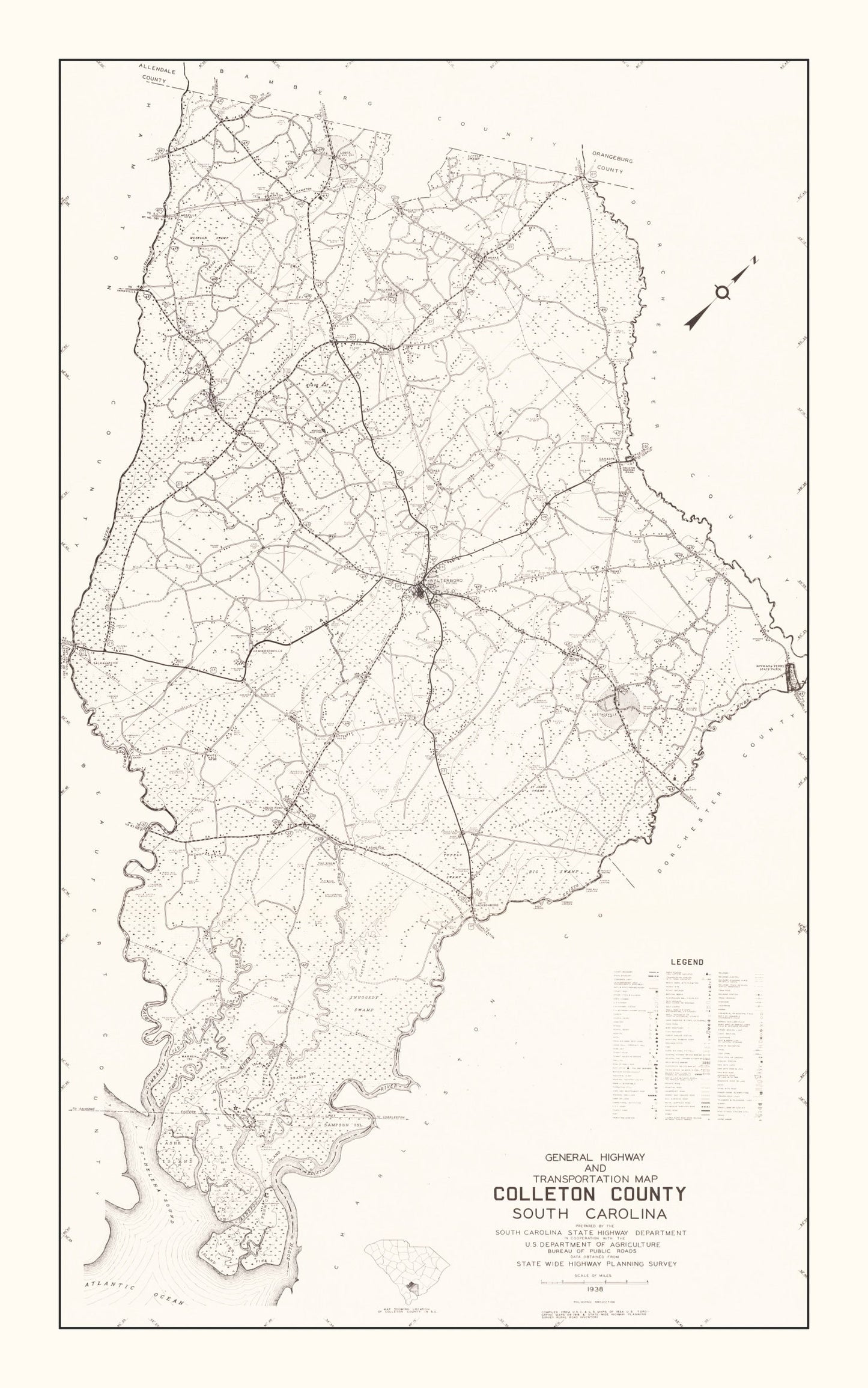 Vintage Map of Colleton County, South Carolina, 1938